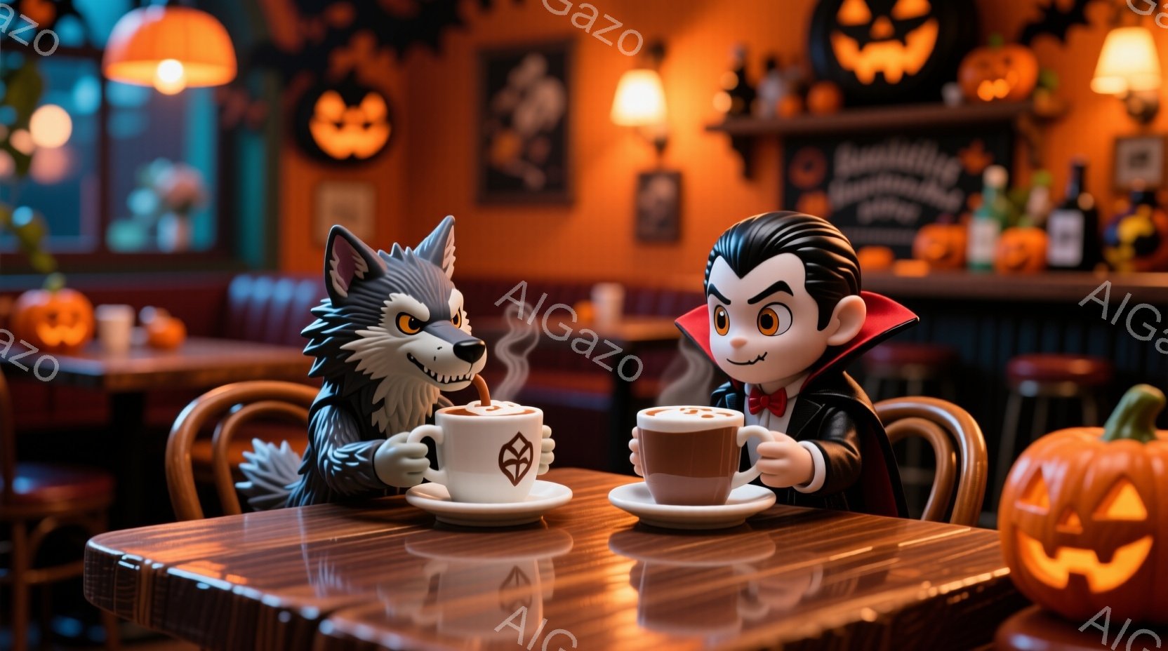 人間の姿をした狼男と吸血鬼が、コーヒーを飲みながらテーブルを挟んで向かい合って座っています。狼男は茶色の毛並みで、吸血鬼は黒いスーツに赤いマントを羽織り、共に少し微笑んだ表情をしています。背景にはハロ - AI生成フリー素材