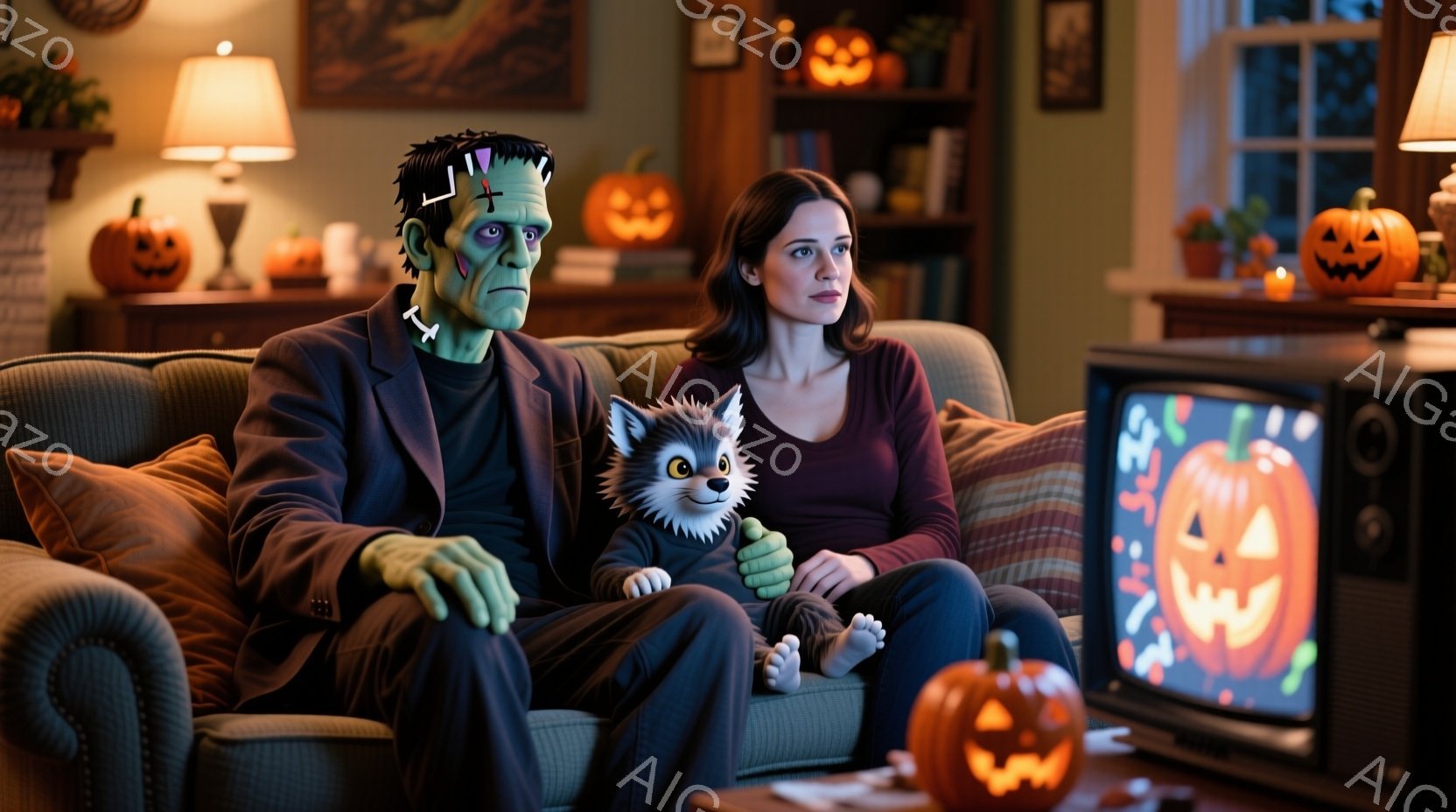 ソファにフランケンシュタイン、女性、そして狼男の赤ん坊が座っています。フランケンシュタインは緑色の肌をしており、女性は赤いセーターを着て、少し不安そうな表情をしています。背景にはハロウィーンの装飾が施 - AI生成フリー素材