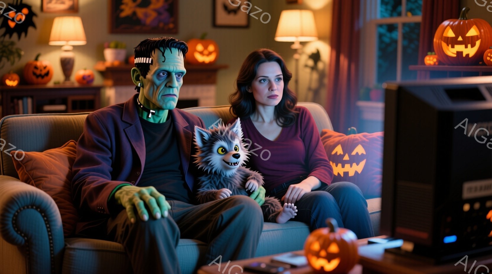 ソファにフランケンシュタインの怪物、女性、そして小さな狼男の人形が座っています。怪物は緑色の肌で、黒い髪と縫い目のある顔をしており、フォーマルなスーツを着ています。女性は赤褐色のシャツを着ており、少し - AI生成フリー素材