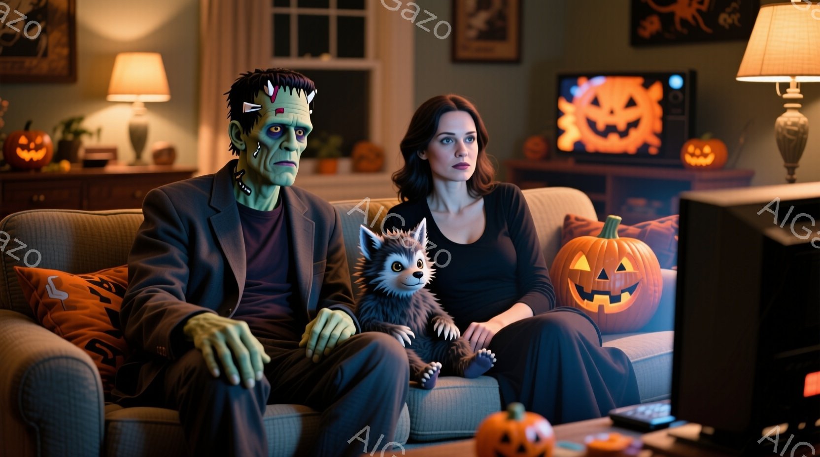 ソファにフランクensteinの怪物、女性、そして小さな犬が座っている。怪物は緑色の肌と特徴的なボルトの首を持ち、黒いスーツを着ている。女性は黒いワンピースを着ており、やや困った表情をしている。背景に - AI生成フリー素材