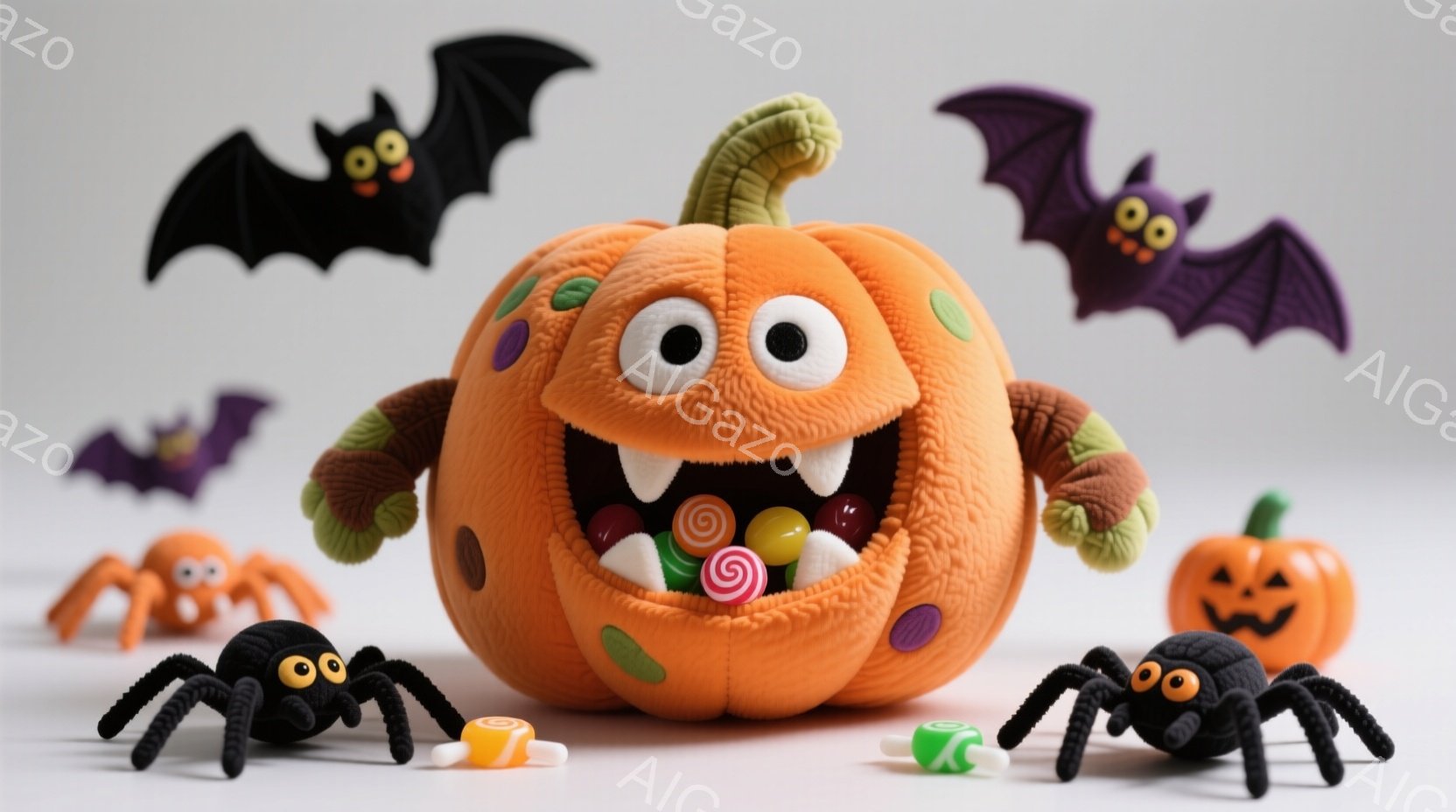 オレンジ色の大きなカボチャのぬいぐるみを中心に、ハロウィーンの装飾が並んでいます。カボチャのぬいぐるみは大きな笑顔で口を開けており、中にはカラフルなキャンディーが入っています。背景は白く、黒いコウモリ - AI生成フリー素材