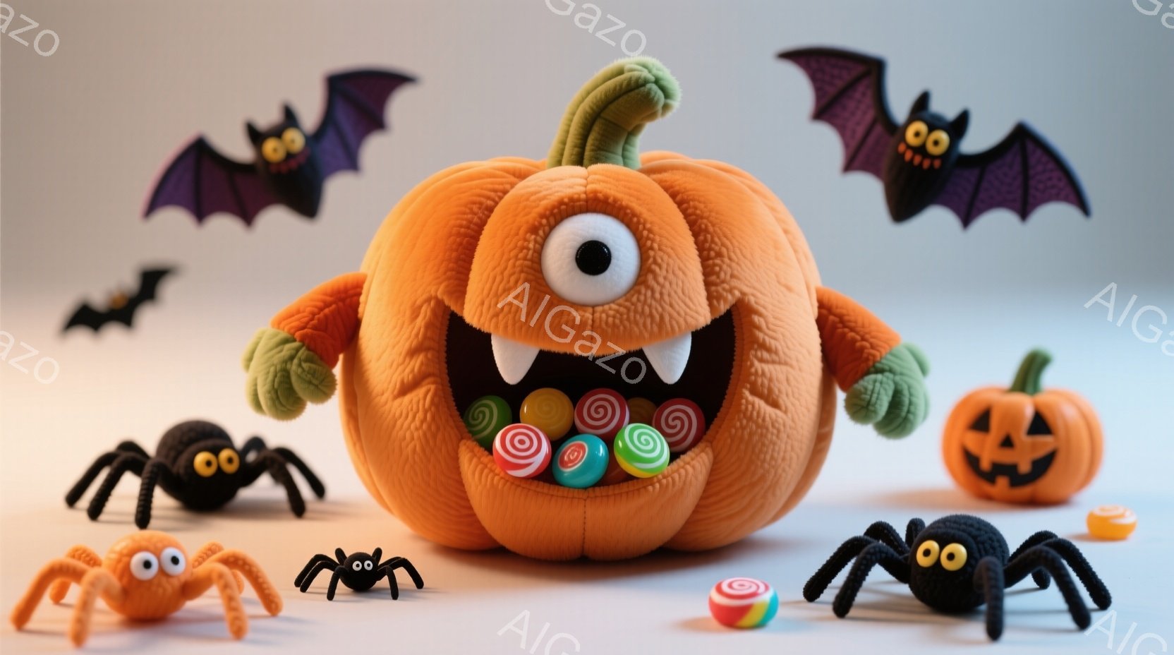 明るいオレンジ色の背景に、ハロウィーンをテーマにした様々な可愛らしいキャラクターが配置されています。大きなカボチャの形をしたキャラクターは、口を開けてカラフルなキャンディーをたくさん含んでおり、その周りには黒とオレンジ色の小さな蜘蛛や、コウモリが飛び交っています。全体的に明るくポップな雰囲気で、お祭り気分を盛り上げる楽しいイメージです。