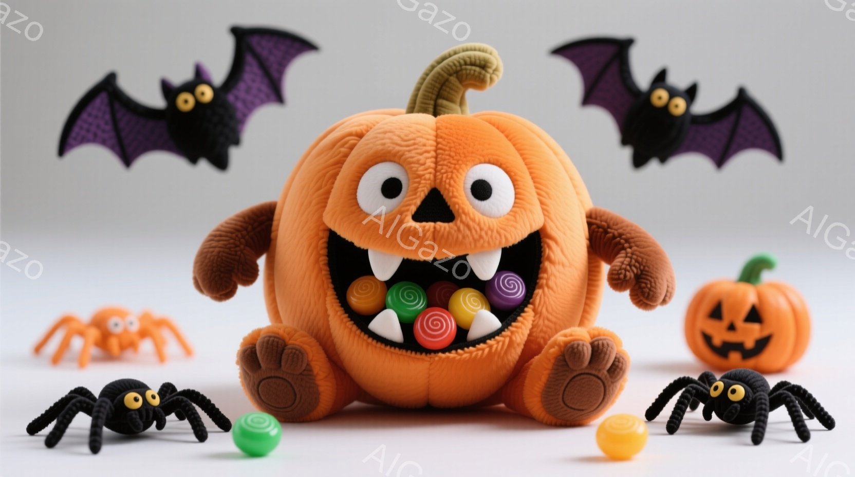 明るいオレンジ色のカボチャのぬいぐるみを中心に、ハロウィーンの装飾が配置されています。カボチャのぬいぐるみは大きく口を開け、カラフルなキャンディをたくさん詰めています。背景は白く、黒いコウモリとクモの - AI生成フリー素材