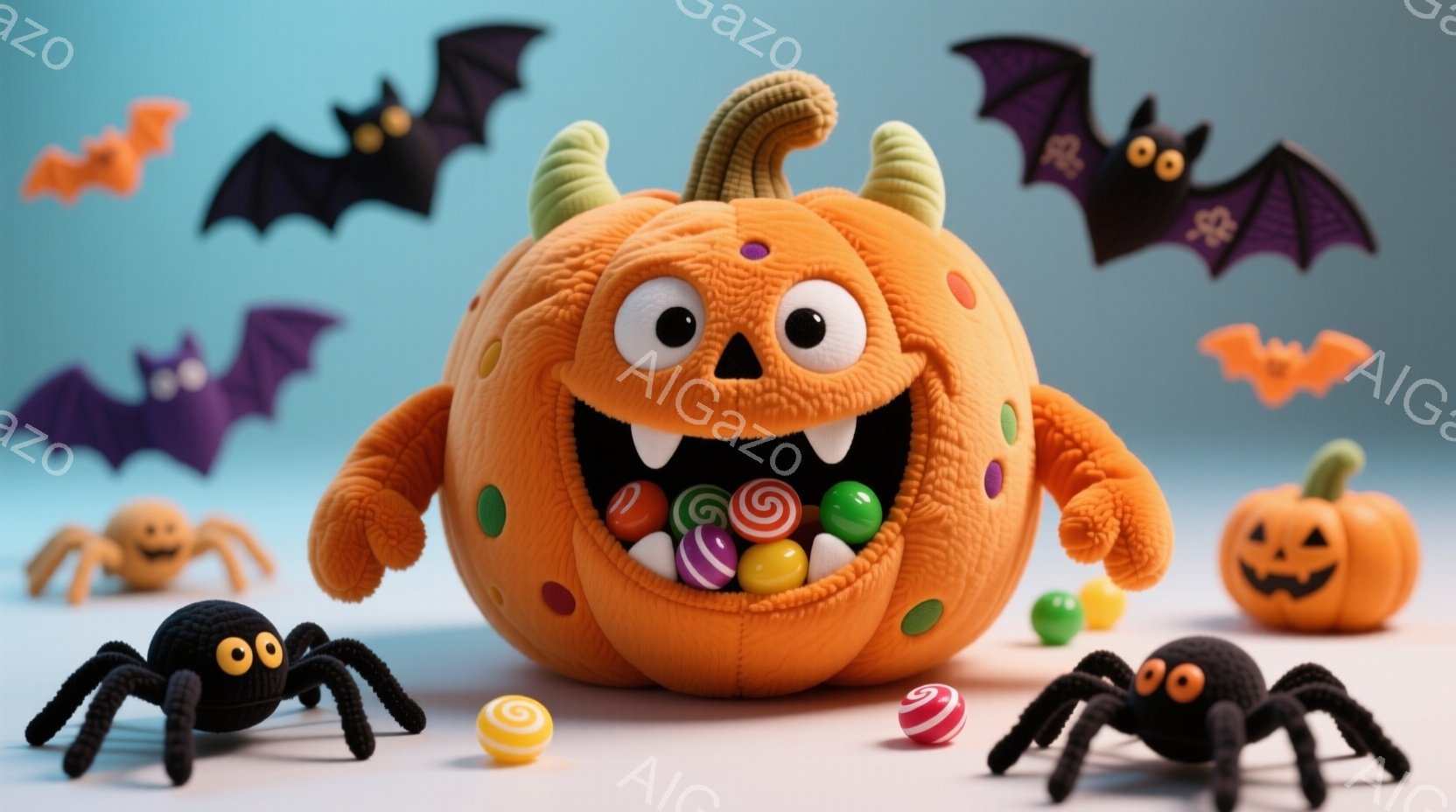 オレンジ色の毛むくじゃらのカボチャが中央に大きく描かれており、開いた口からカラフルなキャンディーがこぼれ落ちています。背景には、黒いコウモリや小さなカボチャ、蜘蛛のおもちゃが配置され、ハロウィーンの装飾が施されています。全体的に明るく楽しい雰囲気で、お祭り気分を盛り上げる可愛らしいイラストです。