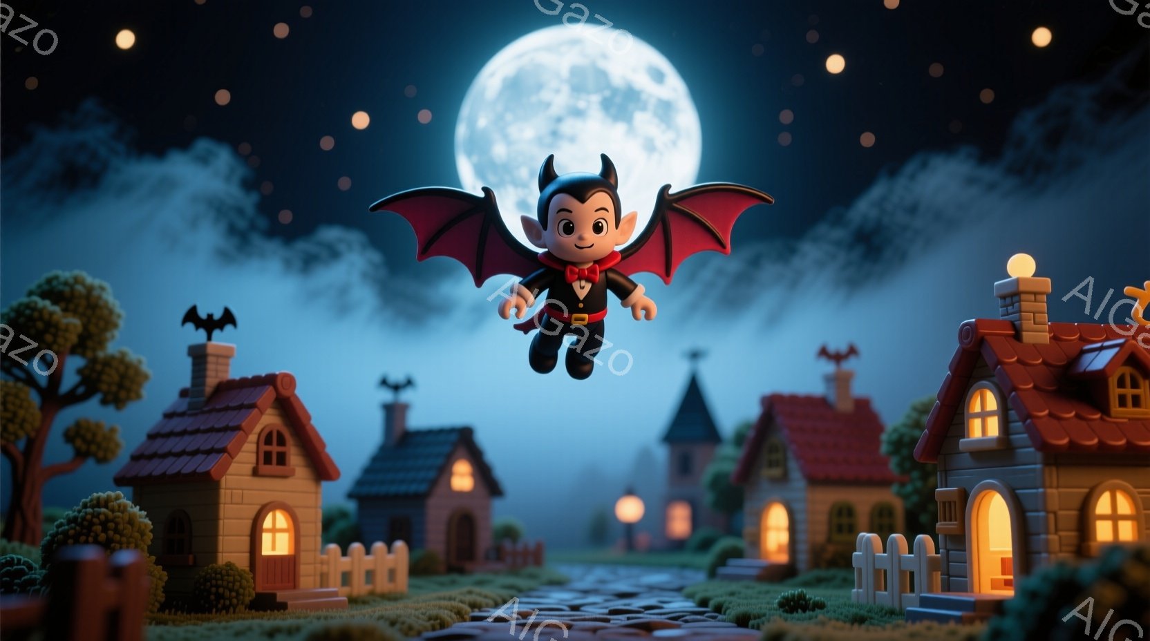 小さな男の子が、コウモリの翼を広げ、夜空を飛んでいる様子が描かれています。彼は黒いスーツに赤い蝶ネクタイをつけ、笑顔で楽しそうに空を舞っています。背景には、夜にライトアップされた可愛らしい家々が並び、遠くには満月が輝き、ハロウィーンのようなお祭り騒ぎの雰囲気を醸し出しています。