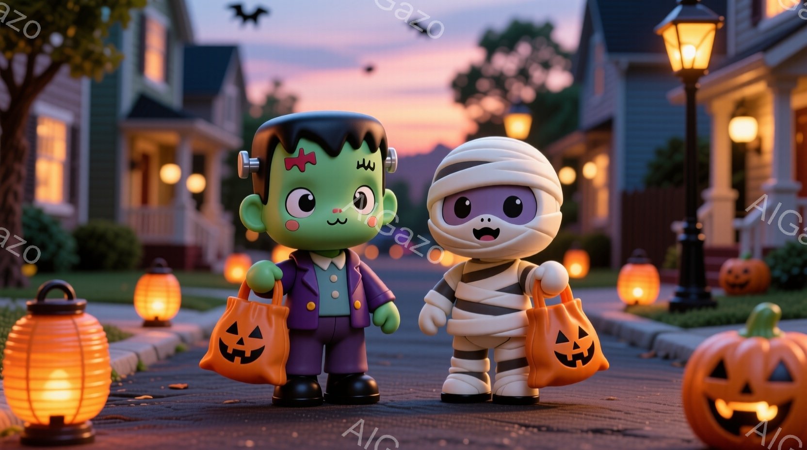 ハロウィーンの装飾が施された住宅街の道に、フランケンシュタインとミイラの可愛らしいキャラクターが立っている。フランケンシュタインは緑色の肌にボルトの付いた髪型で、ミイラは包帯で覆われた姿で、それぞれオ - AI生成フリー素材