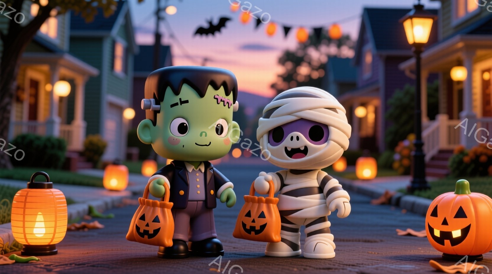 ハロウィーンの夜を舞台にした可愛らしいイラストです。フランクensteinとミイラのキャラクターが、それぞれカボチャの形をしたお菓子入れを持って立っており、満面の笑みを浮かべています。背景には、オレン - AI生成フリー素材