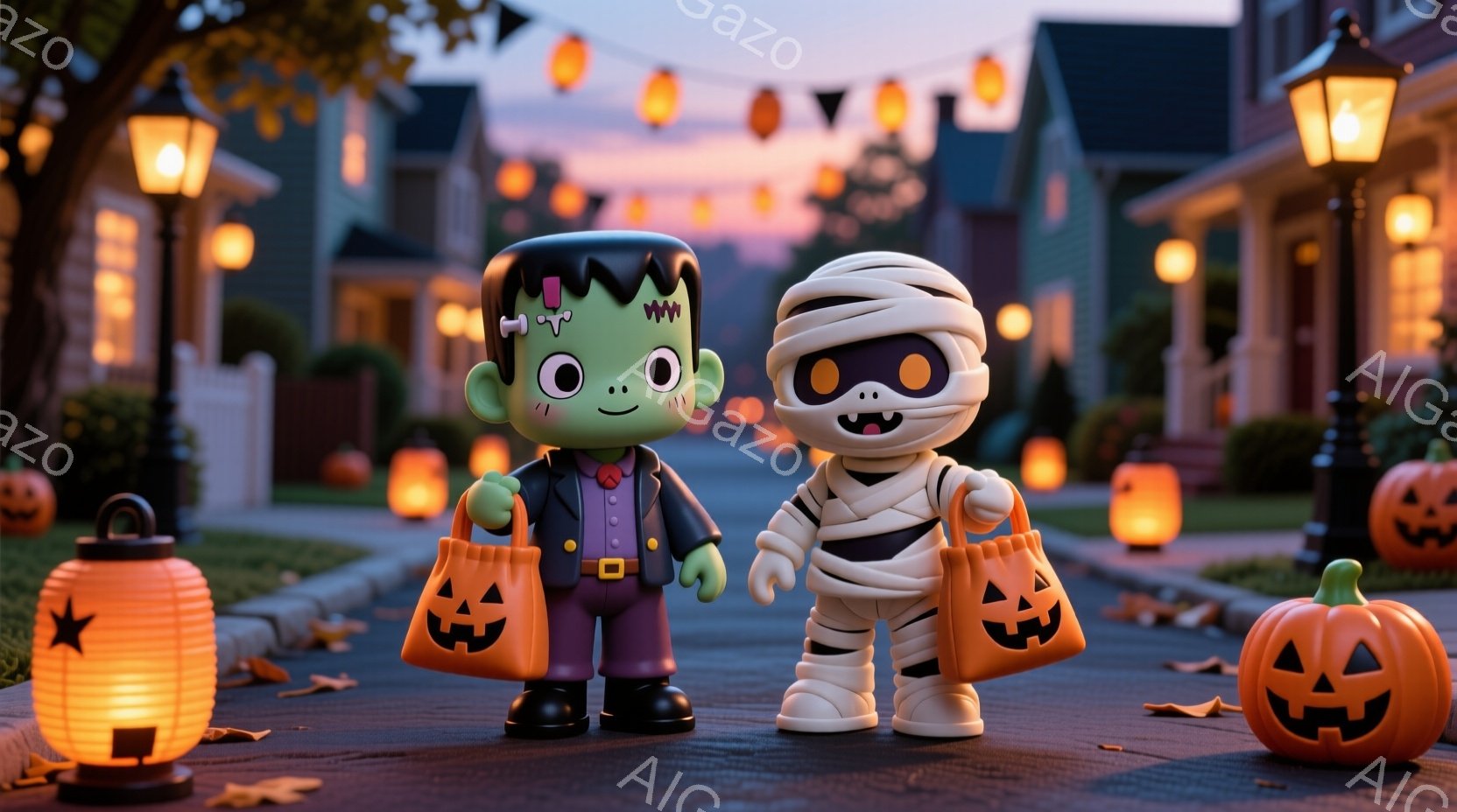 ハロウィーンの夜に、フランクensteinのモンスターとミイラのキャラクターが並んで立っています。どちらも大きな頭と小さな体をしており、それぞれオレンジ色のカボチャの模様が入ったバッグを持っています。背景には、オレンジ色の光を放つカボチャのランタンが散りばめられた住宅街が広がっており、夕暮れ時の暖かい雰囲気を作り出しています。