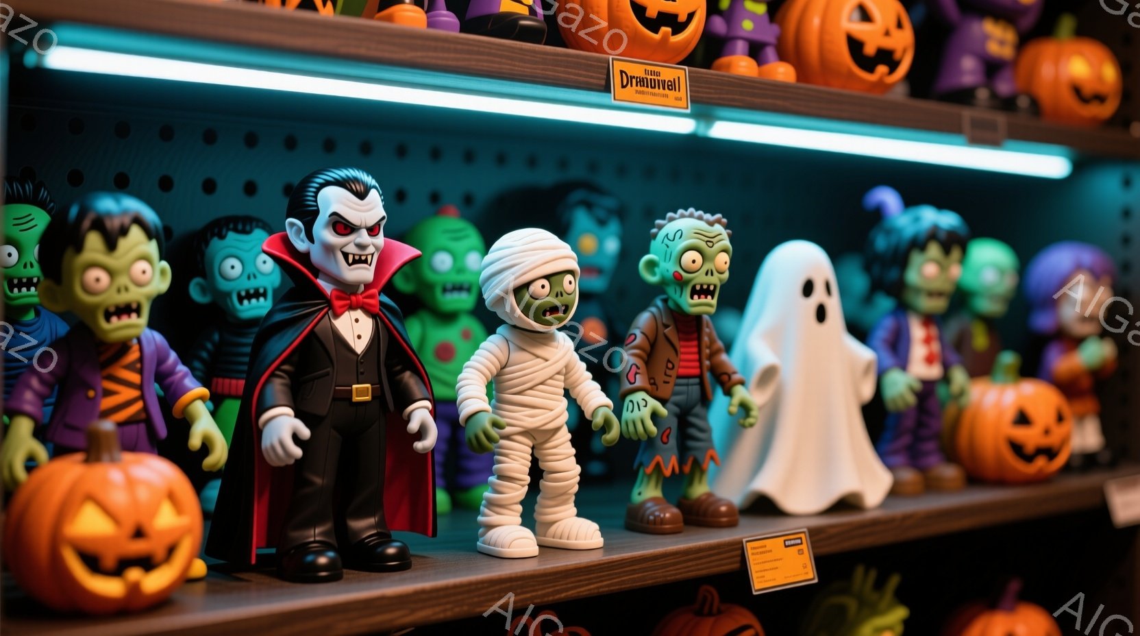 ハロウィーンの装飾品が棚に並べられています。ゾンビ、ミイラ、幽霊、ドラキュラなどのキャラクターが、カラフルで可愛らしいデザインで、整然と並んでいます。背景にはオレンジ色のカボチャが散りばめられ、ハロウ - AI生成フリー素材