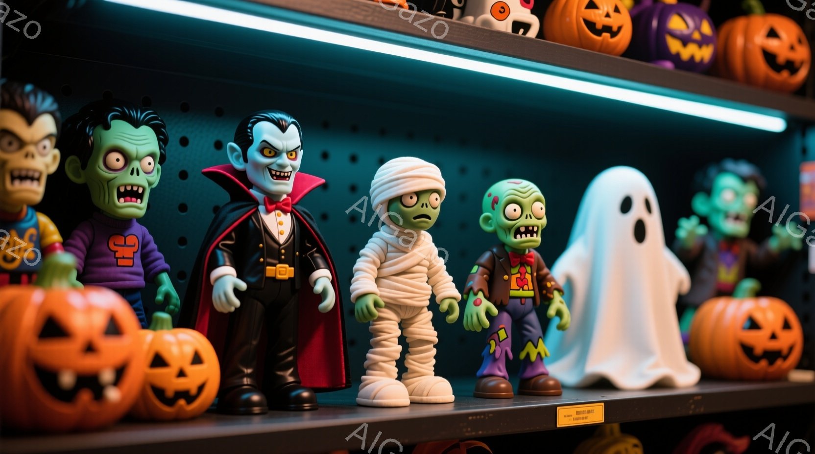 ハロウィーンの飾り付けが棚に並んでいます。フランケンシュタイン、ドラキュラ、ミイラ、ゾンビ、お化けのフィギュアが、それぞれ特徴的な衣装と表情で立っており、背景にはオレンジ色のジャック・オー・ランタンが - AI生成フリー素材