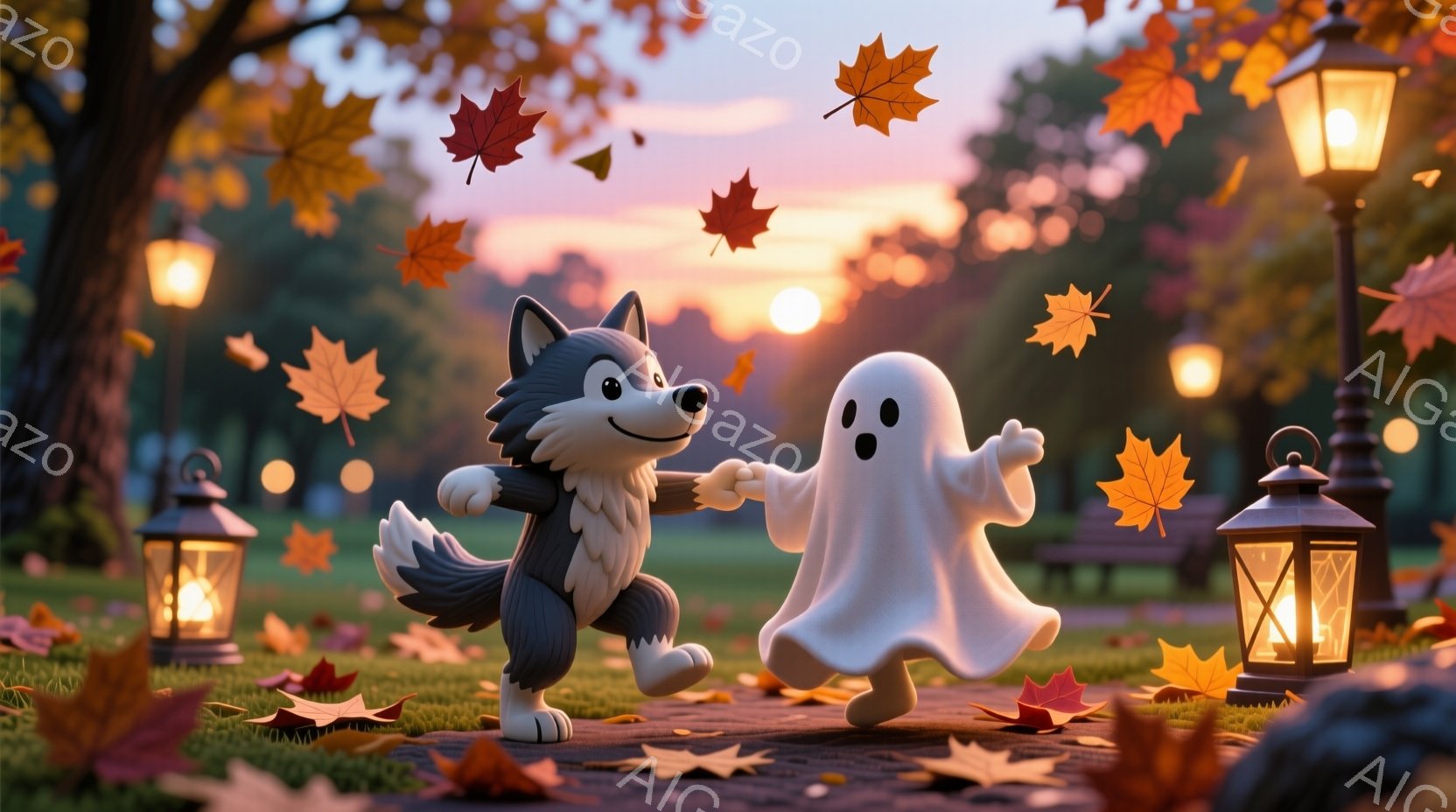 灰色の縞模様の毛並みを持つ狼のキャラクターと、白い幽霊のキャラクターが手をつないで踊っています。背景には、落ち葉が舞う公園の遊歩道、灯籠、木々、そして夕焼け空が広がっており、暖かく穏やかな秋の雰囲気で - AI生成フリー素材