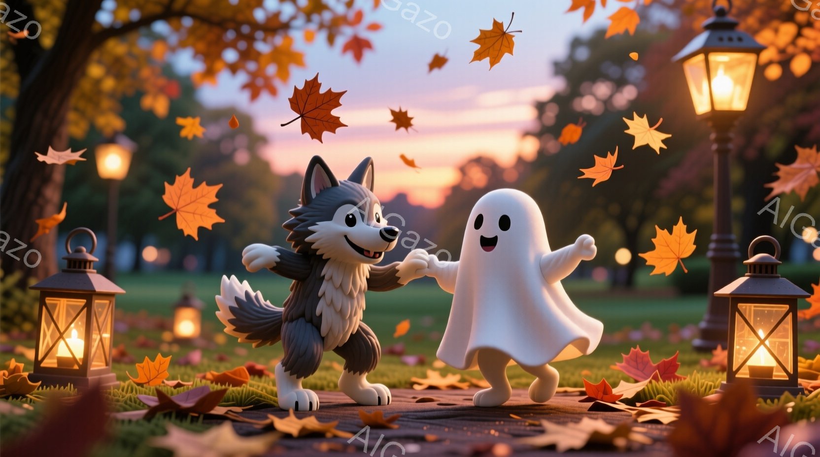 灰色の毛並みの狼のキャラクターと白い幽霊のキャラクターが寄り添って踊っています。背景には、オレンジと黄色の落ち葉が舞う道、点灯したランタン、そして夕焼け空が広がり、秋の暖かい雰囲気を醸し出しています。 - AI生成フリー素材