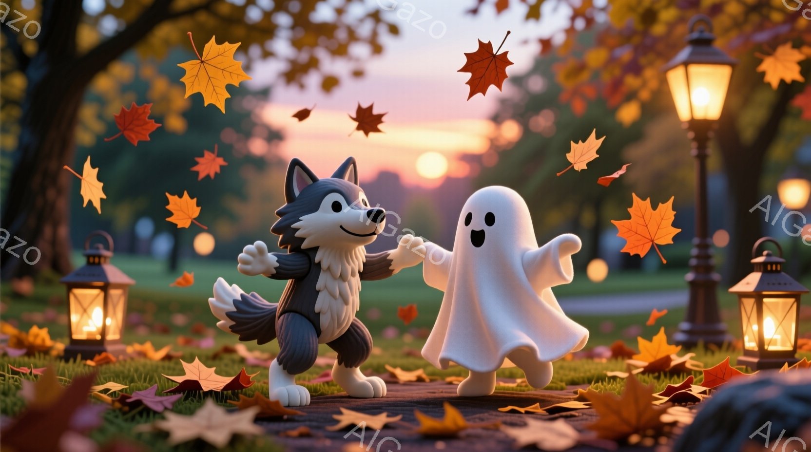 舗装された道の上で、可愛らしい犬と幽霊が寄り添って踊っている様子が描かれています。犬は白とグレーの毛並みで、楽しそうな表情をしています。背景には、夕焼け空の下、落ち葉が舞い、両脇に灯りがともったランタンが並び、秋の温かく幻想的な雰囲気を醸し出しています。