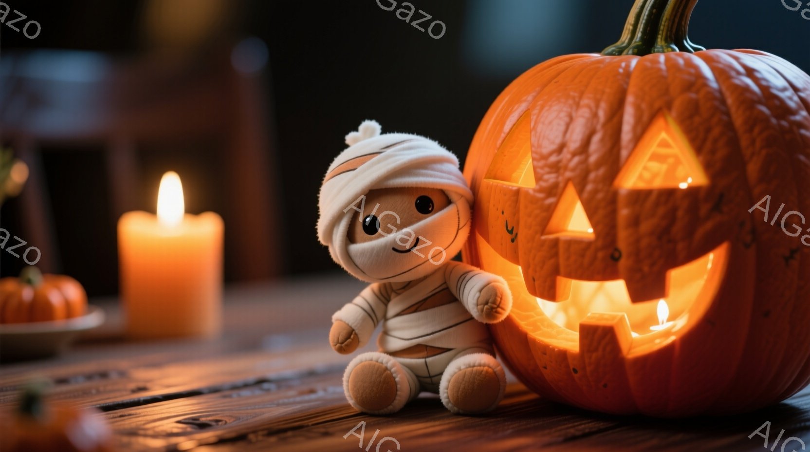 鮮やかなオレンジ色の背景に、彫刻が施されたジャック・オー・ランタンと、包帯で覆われた可愛らしいミイラのぬいぐるみが写っています。ミイラのぬいぐるみは片手を上げており、明るい笑顔を見せています。木製のテ - AI生成フリー素材