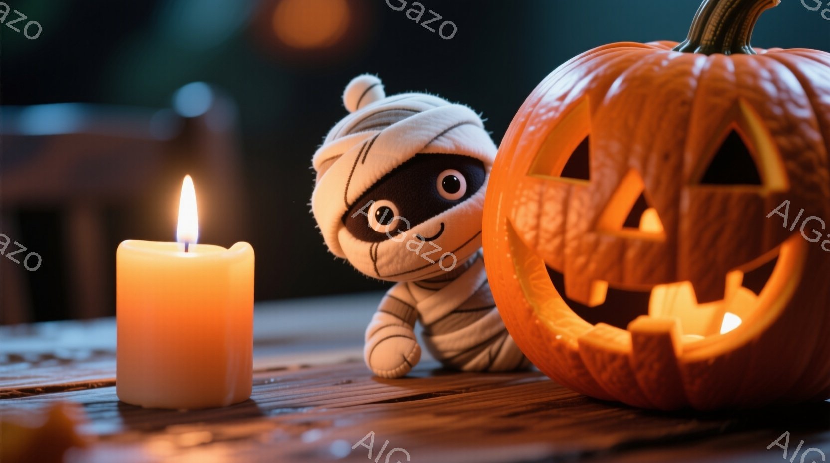 暖炉のような木のテーブルの上には、光るジャック・オ・ランタンとミイラのような衣装を着た小さな人形が置かれています。人形は黒い目と微笑みを浮かべ、何かを隠しているようなそぶりを見せています。背景は暗く、 - AI生成フリー素材