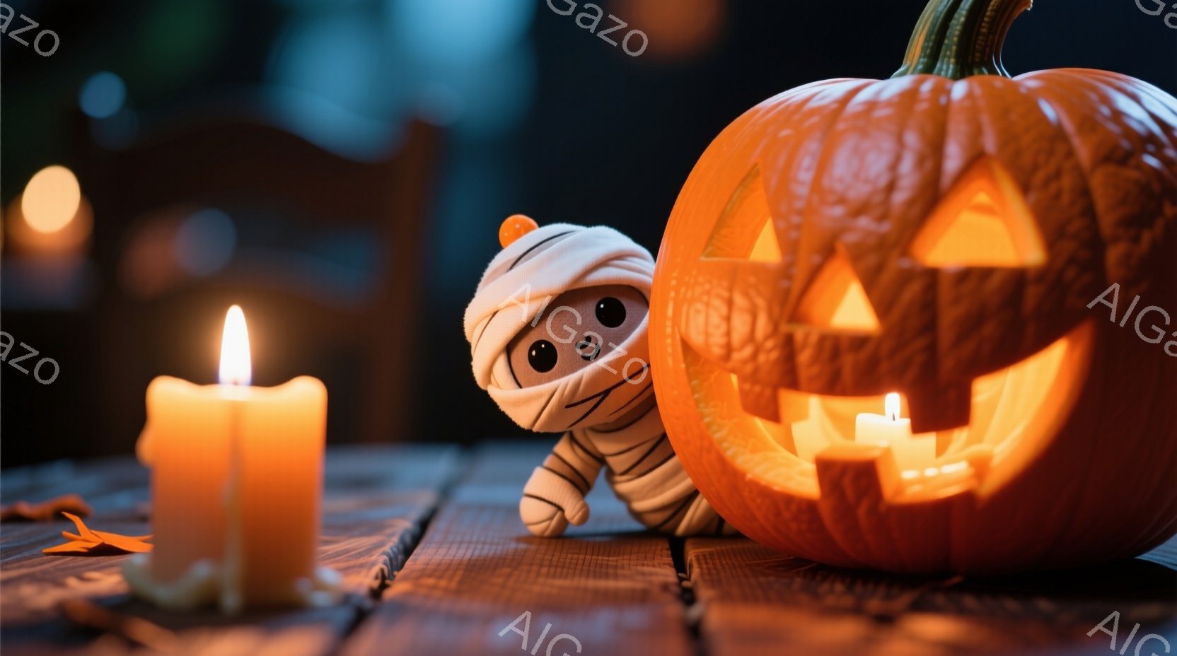 オレンジ色の背景に、ハロウィーンの飾り付けが並んでいます。可愛らしいミイラのおもちゃが彫刻されたカボチャの横に潜んでおり、カボチャの中にはろうそくが灯り、温かい光を放っています。木製のテーブルの上には - AI生成フリー素材