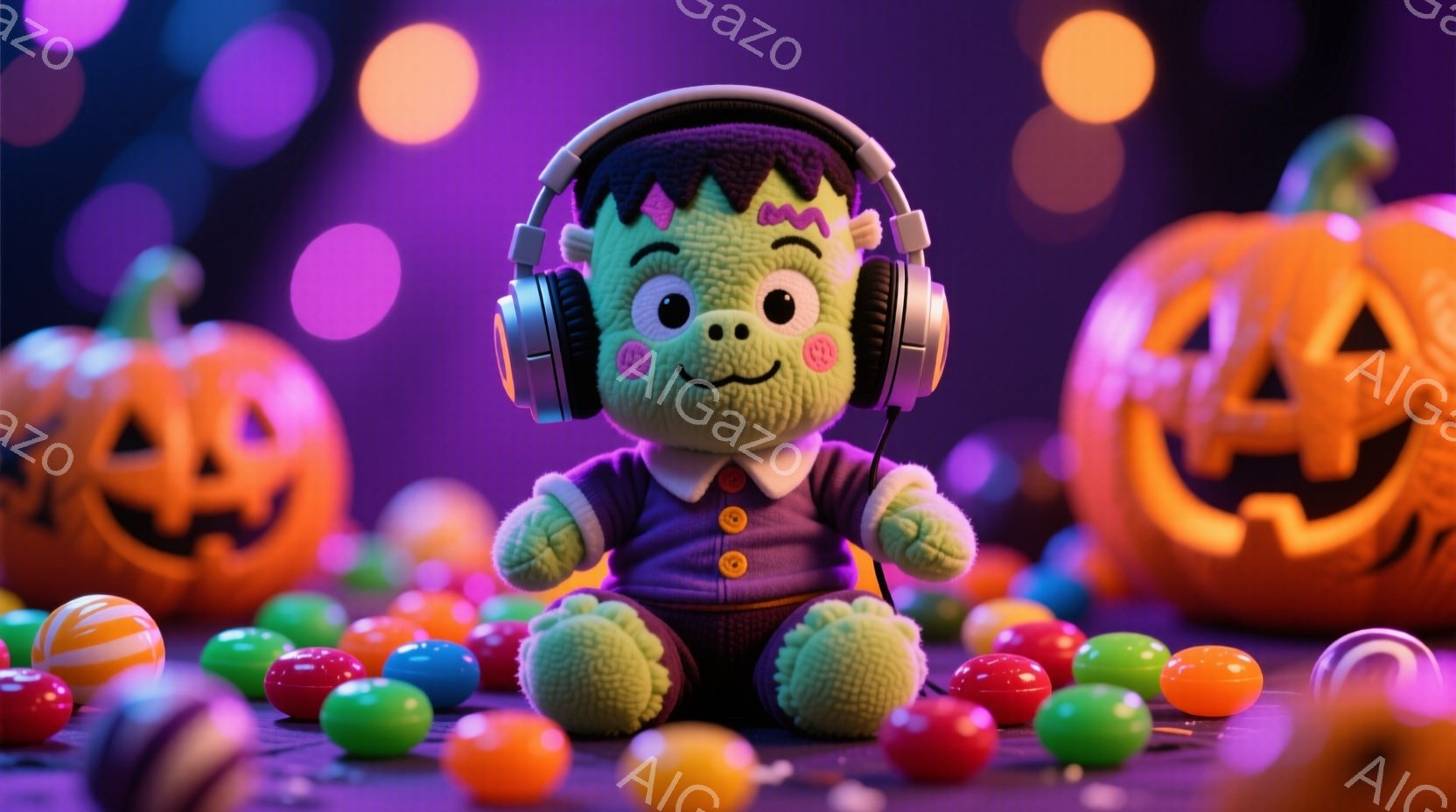 鮮やかなハロウィーンの背景に、緑色のフランケンシュタインのぬいぐるみがお座りになっている。紫色のセーターに、大きな黒いヘッドホンを着用し、穏やかな笑顔を見せている。周囲にはオレンジ色のジャック・オ・ラ - AI生成フリー素材