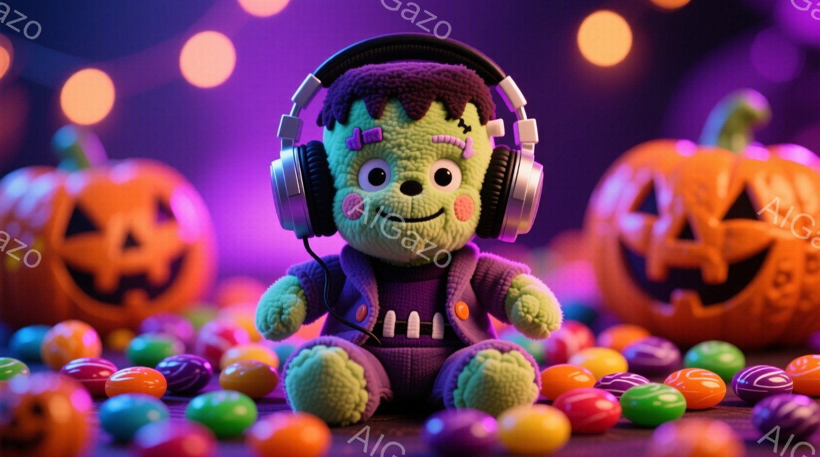 緑色のフランケンシュタインのぬいぐるみは、紫色のセーターを着て、ヘッドホンを着用しています。彼は明るいお菓子で覆われたテーブルの上に座っており、笑顔でこちらを見ています。背景には、ジャック・オー・ラン - AI生成フリー素材