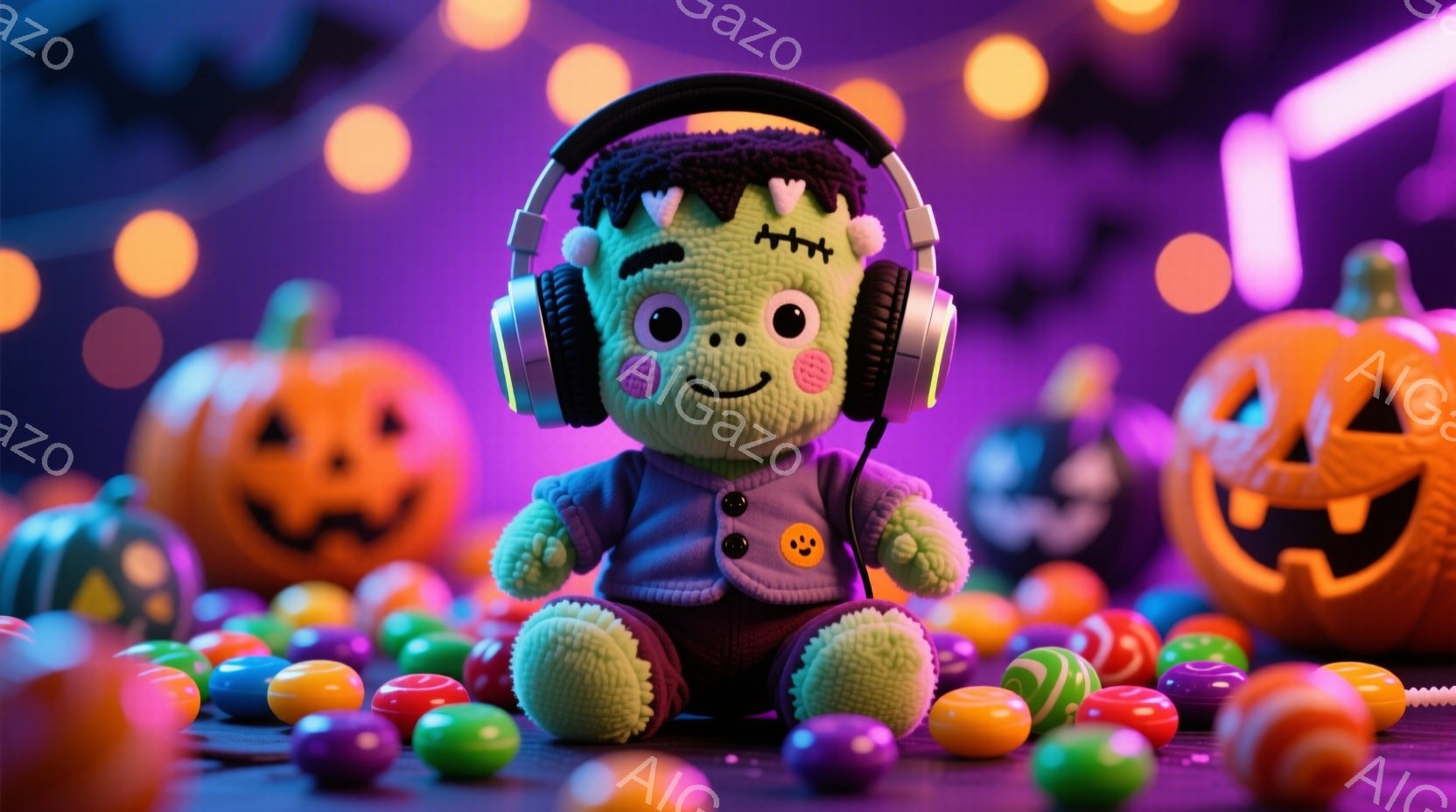 ぬいぐるみのフランケンシュタインが、ヘッドホンを装着してキャンディの散らばる床に座っています。紫色のニットセーターと緑色の肌を持ち、明るい笑顔を見せています。背景には、ジャック・オー・ランタンがいくつ - AI生成フリー素材