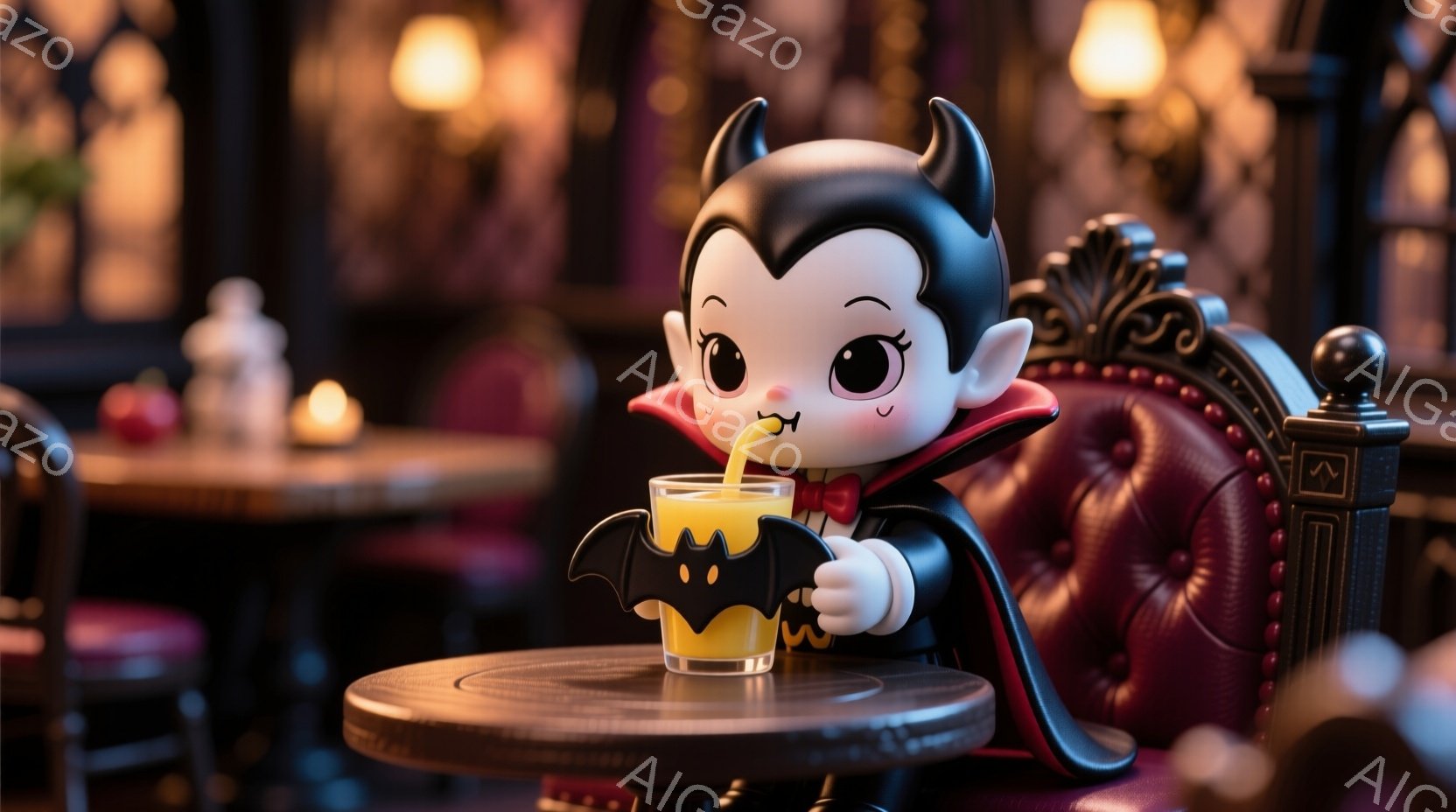 小さな吸血鬼のキャラクターが、赤いベルベットの椅子に座り、オレンジジュースが入ったグラスを吸い飲んでいます。そのキャラクターは、黒い髪、角、そして少しいたずらっぽい表情をしています。背景は、暗い色調の - AI生成フリー素材