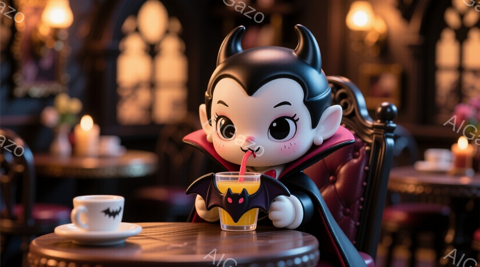 可愛らしい小さな吸血鬼が、豪華な椅子に座ってオレンジ色の液体をストローで飲んでいます。彼女は大きな目で微笑んでおり、黒い髪と小さな翼、そして赤いドレスを着ています。背景には、ぼやけたテーブルと椅子、そ - AI生成フリー素材