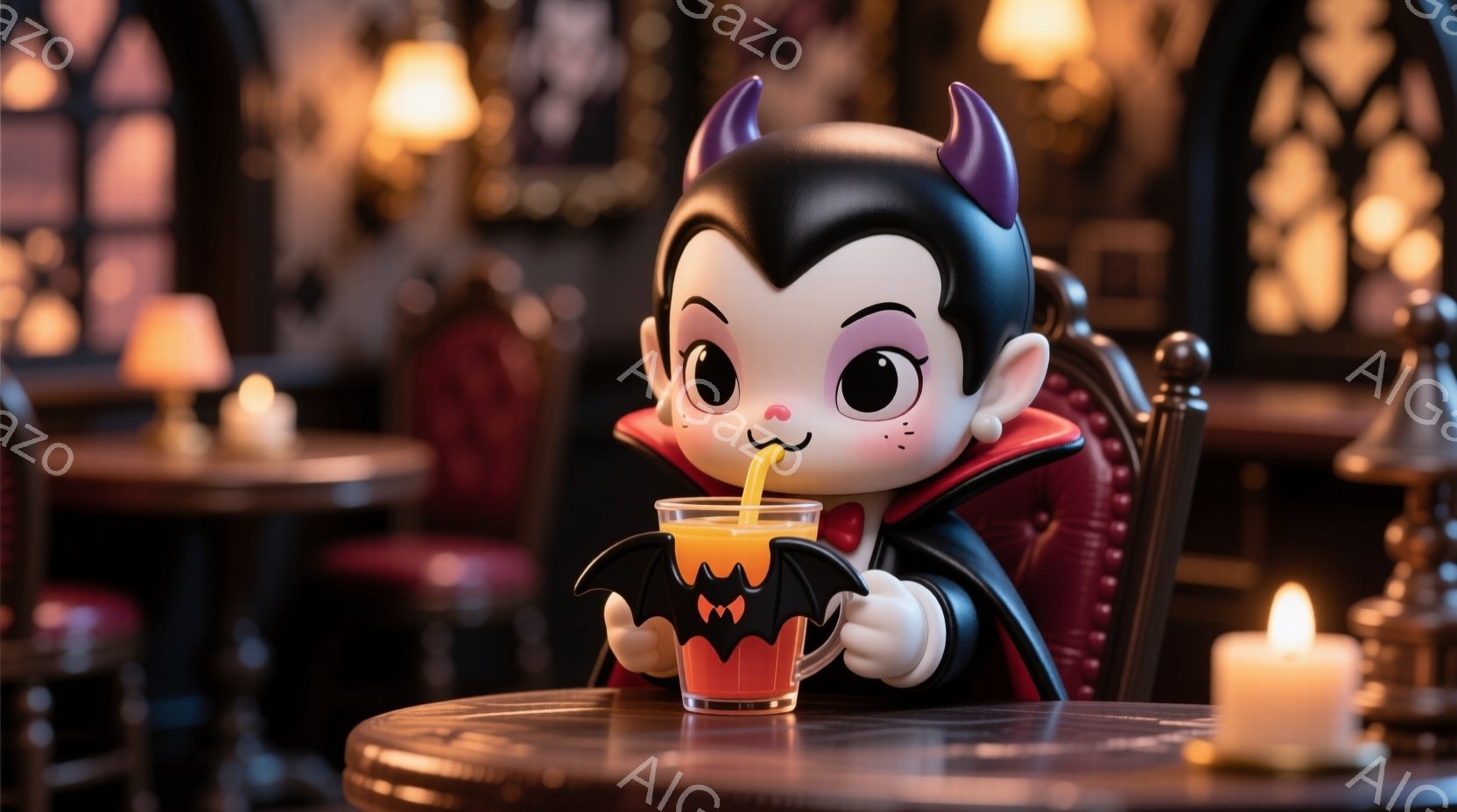 小さなヴァンパイアのキャラクターが、バットの形をした装飾がされたグラスに入ったオレンジ色の飲み物を楽しんでいます。キャラクターは黒い服を着ており、大きく丸い目と可愛らしい表情をしています。背景には、赤 - AI生成フリー素材