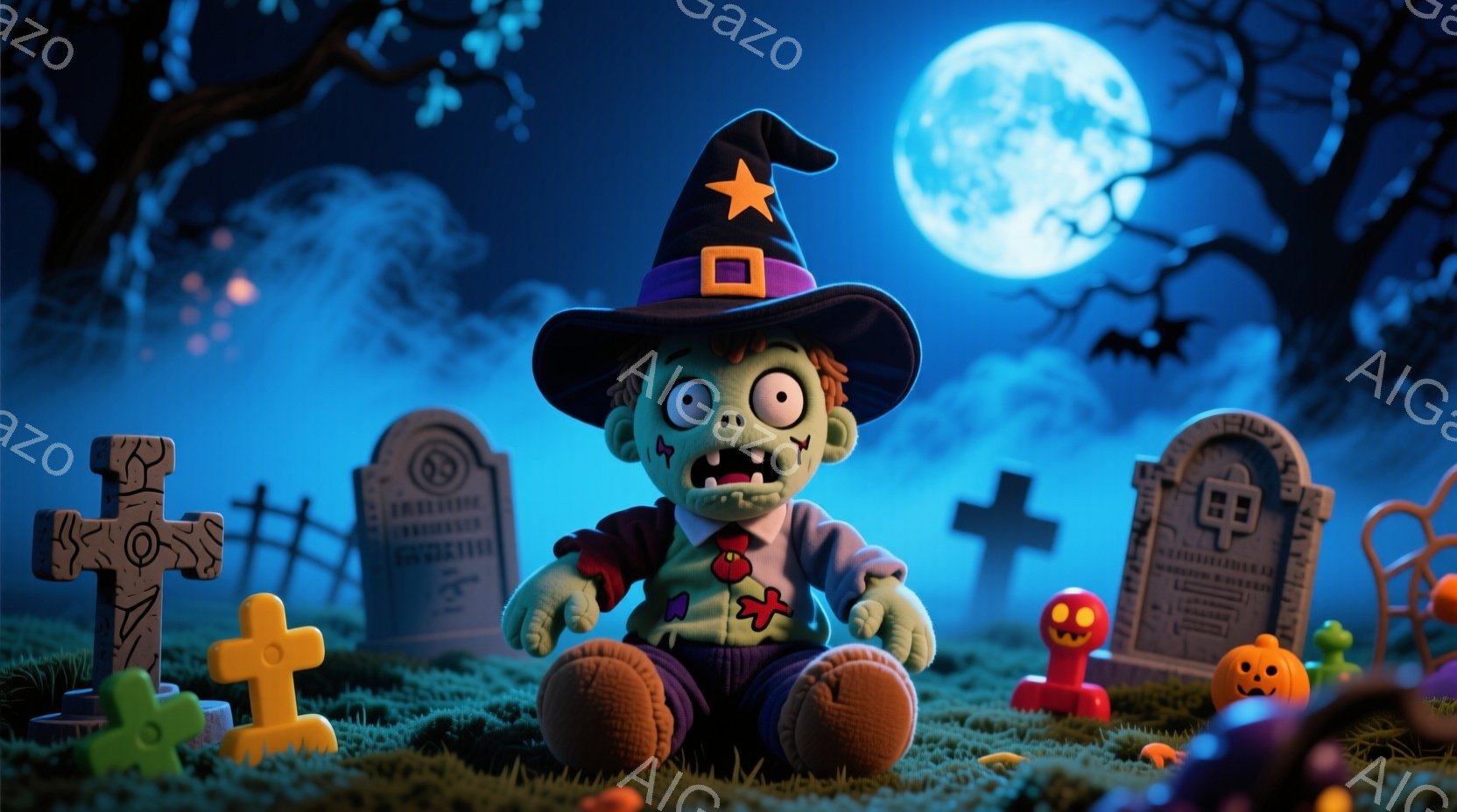 緑色の肌をしたゾンビのような人形が、紫色のズボンと赤いシャツを着て、頭には星の飾りが付いた黒い帽子をかぶっています。人形は地面に座り、少し不気味な笑顔を浮かべています。背景には墓石、クロス、そして小さ - AI生成フリー素材