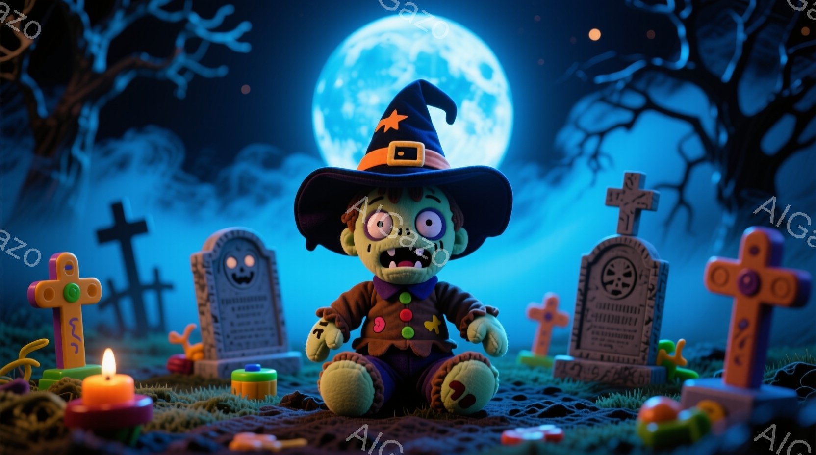 青い背景に、緑色のゾンビ風の男の子がハロウィーンの帽子と紫色の衣装を着て座っています。周りには墓石やキャンディーが散らばり、遠くには不気味な木々がシルエットとなって見えます。全体的に、不気味でありなが - AI生成フリー素材