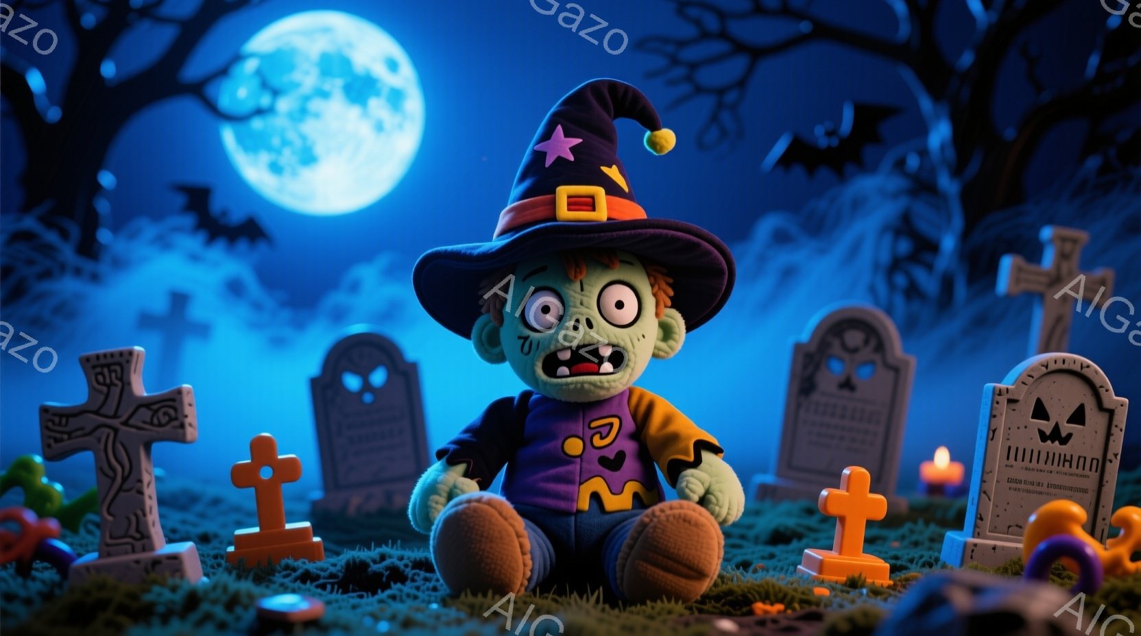 ゾンビ風の可愛い人形が、ハロウィーンの墓地のセットの中に座っています。紫色の帽子とオレンジ色のトップス、そして紫色のズボンというハロウィーンらしい衣装を着ており、表情は少し間抜けで可愛らしいです。背景 - AI生成フリー素材