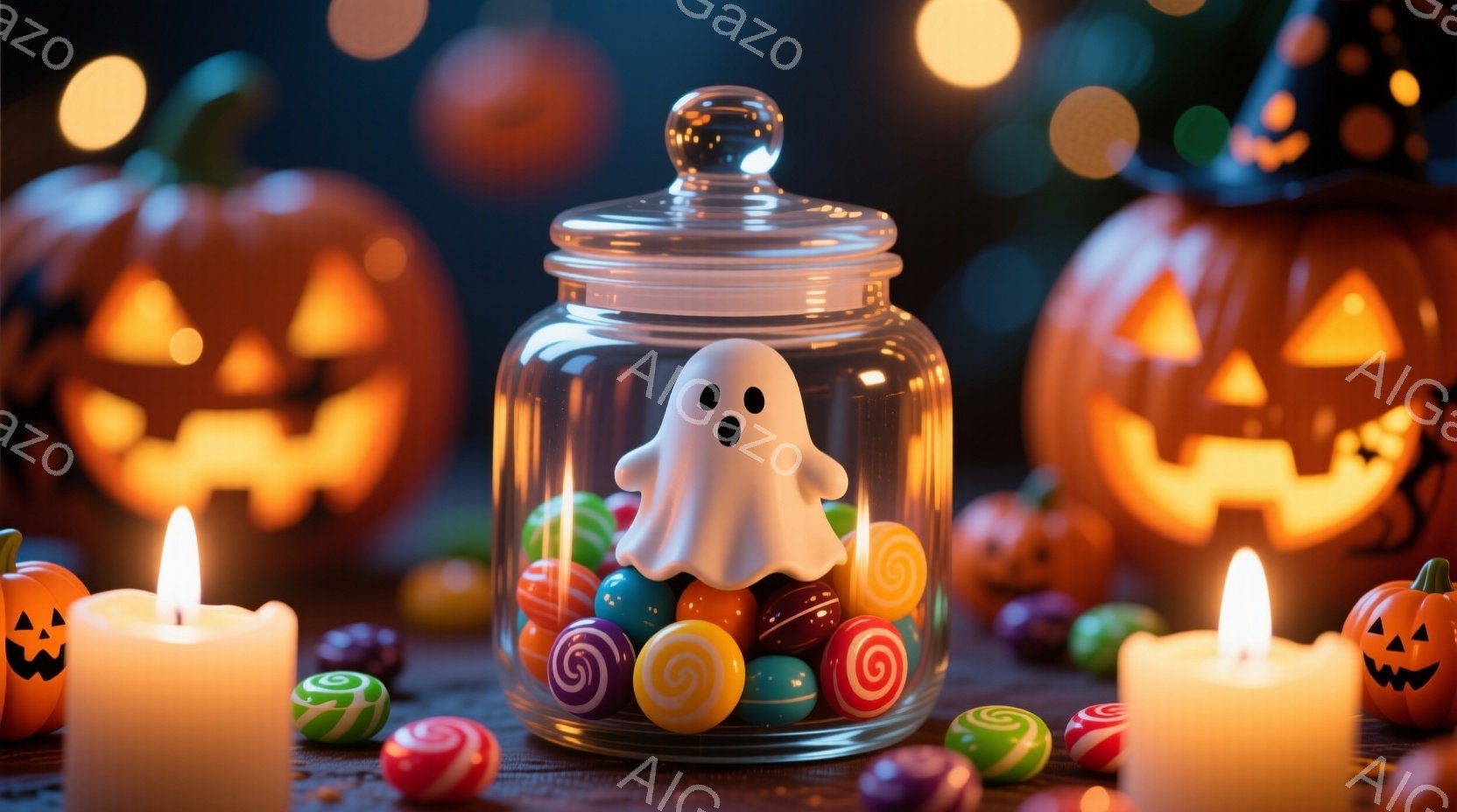 ガラスの瓶の中に、色とりどりの渦巻き模様のキャンディと、小さな白いお化けの置物が混ざり合って入っています。背景にはぼんやりと光るハロウィーンカボチャと、灯されたキャンドルが配置され、少し暗く幻想的な雰 - AI生成フリー素材