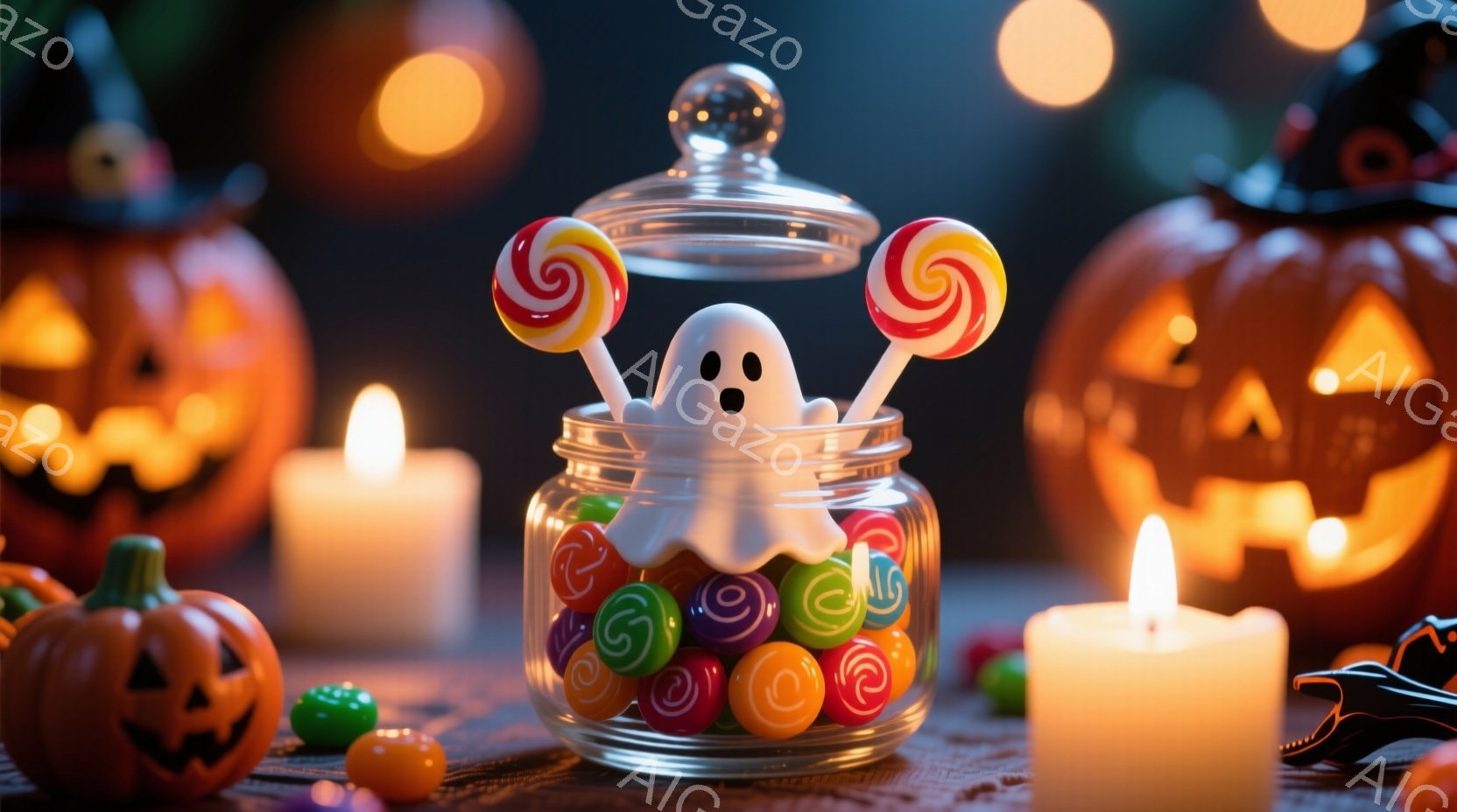 ガラスの瓶の中にカラフルなキャンディが詰まっており、その中から可愛らしい幽霊のおもちゃが顔を出しています。背景には、ハロウィーンの象徴であるジャック・オー・ランタンやキャンドルが配置され、温かみのある光が灯っています。全体的にハロウィーンの楽しい雰囲気が漂う、可愛らしい静物画です。