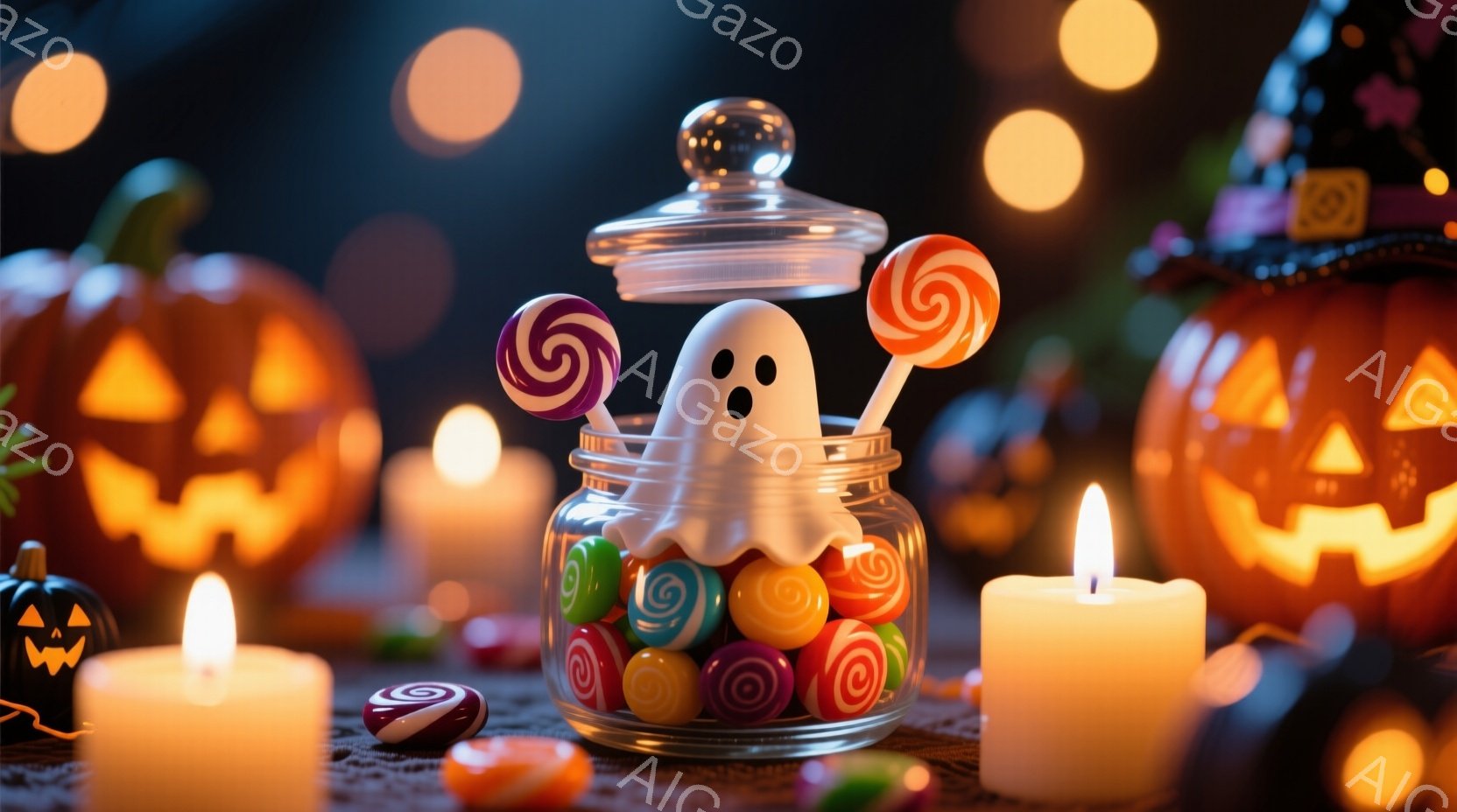 暖かく光るハロウィーンの情景で、キャンディーで満たされたガラスの瓶の中に白いお化けが立っています。背景には、さまざまな表情をしたジャック・オー・ランタンと、ぼんやりと光るキャンドルが並び、ほのかなオレ - AI生成フリー素材