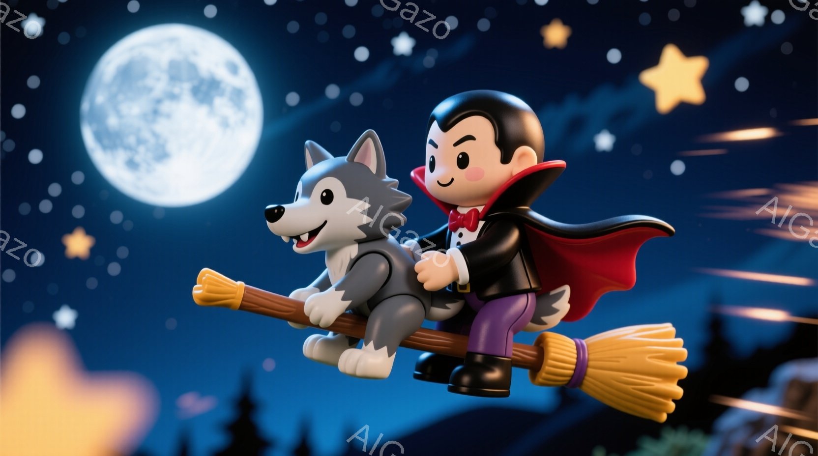 明るい満月と星空を背景に、ほうきに乗った吸血鬼と犬が描かれています。吸血鬼は黒い髪、黒いスーツ、赤いマントを着ており、満面の笑みを浮かべています。犬はほうきの先端に座り、嬉しそうに前を見つめており、全 - AI生成フリー素材