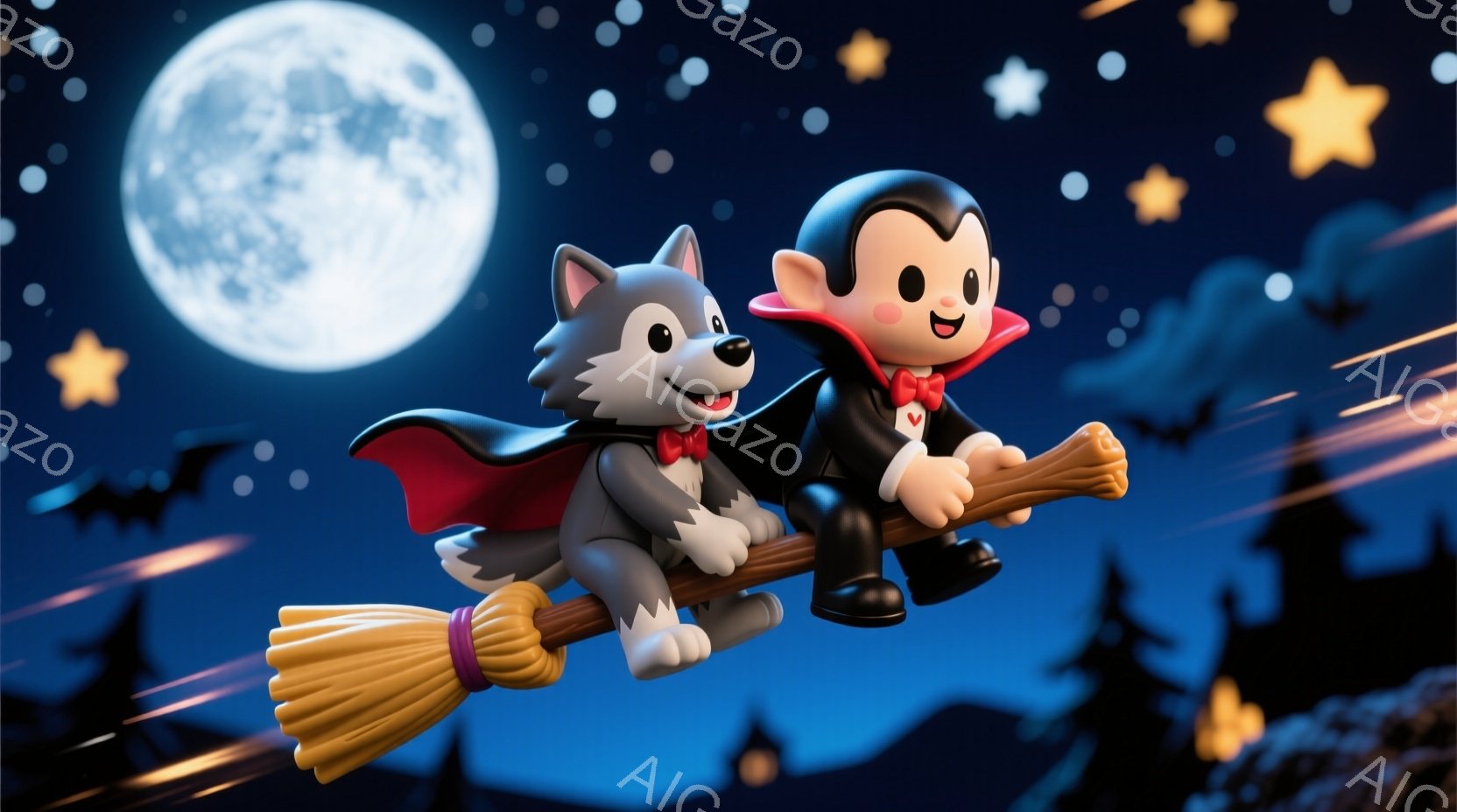 満月が輝く夜空を、狼男と吸血鬼が箒に乗って飛んでいます。狼男はグレーの毛並みで赤いマントを羽織り、吸血鬼は黒いスーツに赤いマント、整髪された髪と笑顔が特徴です。背景にはシルエットの建物や木々、星が散り - AI生成フリー素材