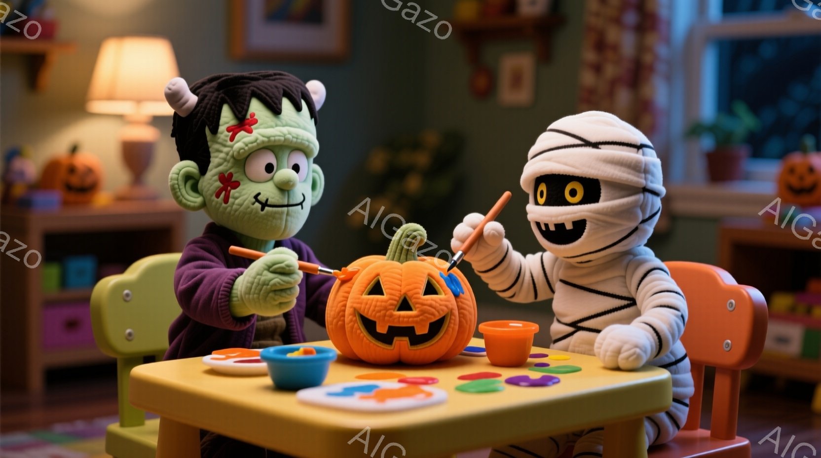 フランケンシュタインのモンスターとミイラの姿をした2体の人形が、小さな子供用のテーブルを囲んでカボチャの絵を描いている。フランケンシュタインは緑色の肌にボルトのネックレス、ミイラは白い包帯で全身が覆わ - AI生成フリー素材