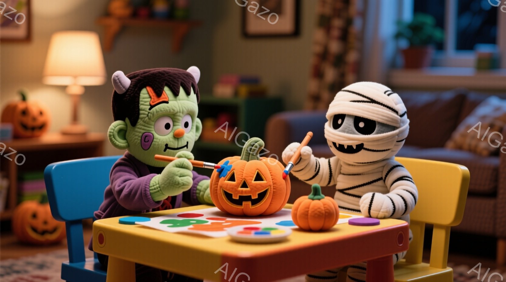 鮮やかな青い椅子に座ったフランケンシュタインと、もう一つの椅子に座ったミイラが、オレンジ色のカボチャを絵筆で塗っています。背景には、ハロウィーンの装飾がされた部屋、ソファ、そして植物が見え、暖かく楽し - AI生成フリー素材
