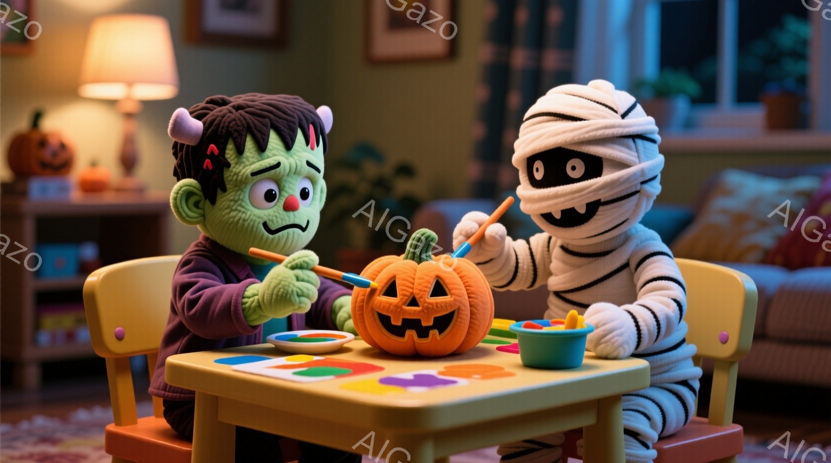 フランケンシュタインの怪物とミイラのコスチュームを着た子供たちが、小さなテーブルを挟んでオレンジ色のカボチャの絵を描いている。フランケンシュタインの怪物は緑色の肌とボルトの髪型をしており、ミイラは白い - AI生成フリー素材
