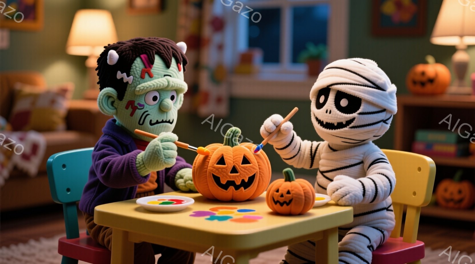 フランケンシュタインのモンスターとミイラが小さな子供用のテーブルを挟んで、オレンジ色のカボチャに絵を描いています。フランケンシュタインは紫色のセーターを着ており、ミイラは包帯で覆われています。背景には、他のカボチャと本棚が見え、暖かい家庭的な雰囲気が漂っています。