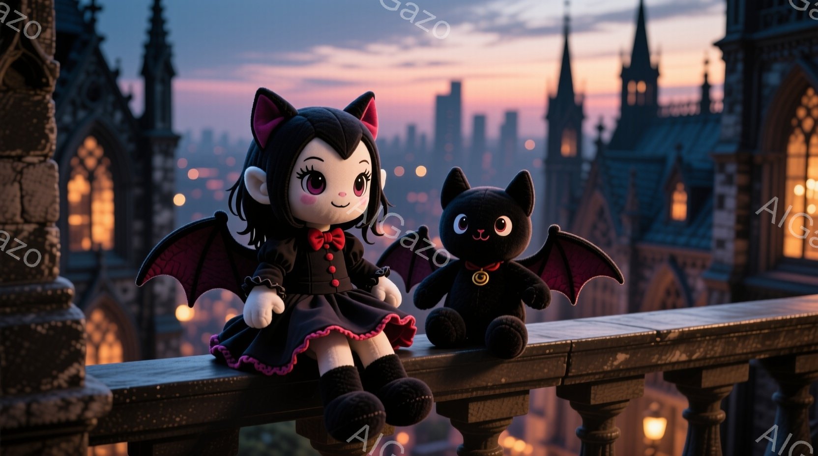 黒いドレスと赤いリボンを着た、翼を持つ女性のぬいぐるみと、コウモリのぬいぐるみが、石造りの欄干の上で寄り添って座っています。背景には、夕焼けに照らされた都市のスカイラインと、暗いシルエットで描かれた古城のような建物が広がっています。全体的に、可愛らしく幻想的な雰囲気が漂い、夜の訪れを感じさせるシーンです。