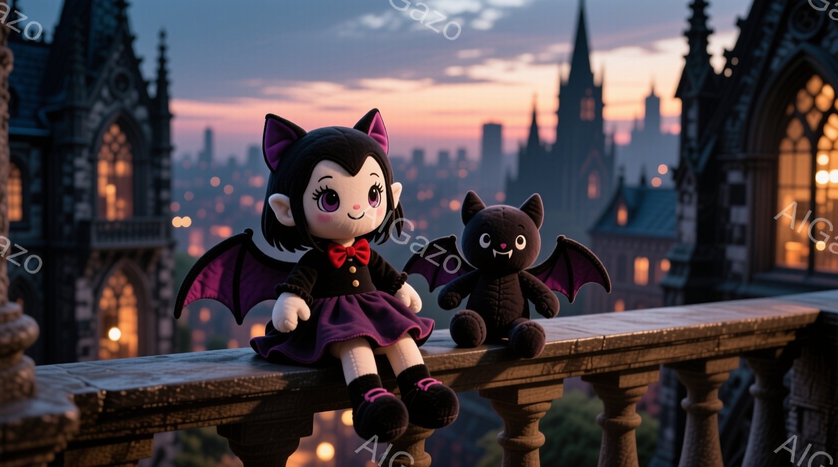 紫色のドレスと黒い翼を持つ可愛らしいぬいぐるみが、黒いコウモリのぬいぐるみと一緒に石造りの欄干に座っています。背景には、夕焼けに照らされた都市のスカイラインと、ゴシック様式の建物が広がっており、幻想的な雰囲気を醸し出しています。空はオレンジと紫の色合いで美しく、穏やかな夜の景色が広がっています。