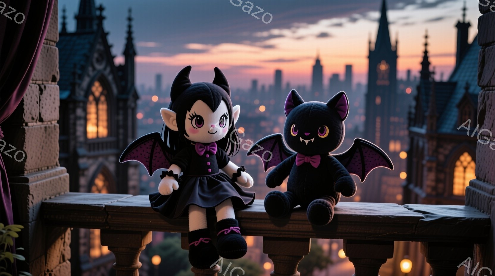 黒いドレスを着た、角とコウモリの翼を持つ可愛らしい女の子のぬいぐるみと、同じくコウモリのぬいぐるみ、石造りのバルコニーに並んで座っています。背景には、夕焼けに照らされた都市のスカイラインが広がり、お城 - AI生成フリー素材