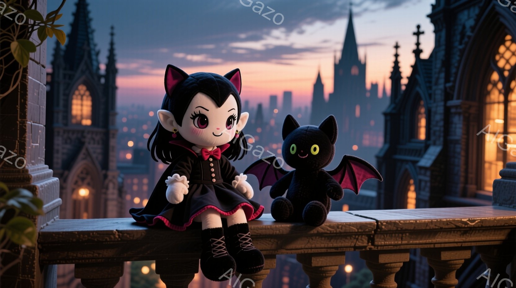 少女のような人形が、黒いケープとドレス、そしてリボン付きの白いブラウスを着て、レンガの壁の上端に座っています。隣には、同じく黒い羽を持つコウモリのぬいぐるみが置かれています。背景には、夕焼け空の下にゴ - AI生成フリー素材