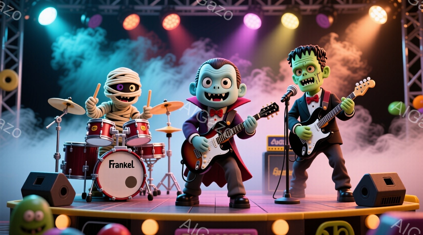 ハロウィーンのモンスターバンドがステージで演奏している様子が描かれています。ドラム担当のミイラ、ギターとボーカル担当のドラキュラ、そしてもう一人のギター担当のフランケンシュタインが、カラフルな背景の中 - AI生成フリー素材