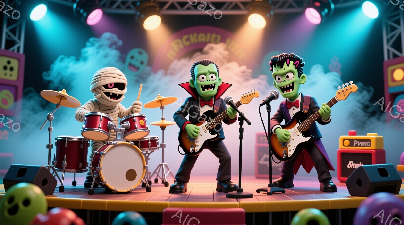 ミイラ、フランケンシュタイン、そしてモンスターの３人組が、カラフルなステージ上でバンド演奏をしている様子が描かれています。ミイラはドラムセットを演奏し、フランケンシュタインとモンスターはそれぞれギター - AI生成フリー素材