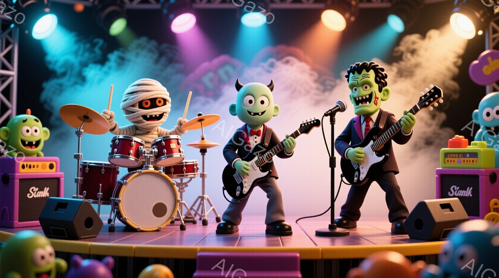 舞台上では、モンスターバンドが演奏しています。ドラムのミイラ、ギターを弾くフランクンシュタイン風のモンスター、ベースを弾く青いモンスター、そしてキーボードを弾く紫のモンスターがいます。背景には、ステージのライトとスピーカーがあり、全体的に明るく楽しい雰囲気です。