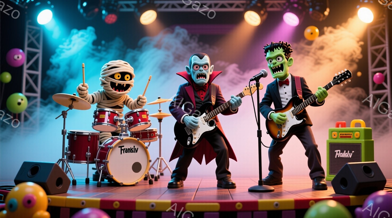 ハロウィーンをテーマにしたバンドの演奏シーンを描いています。ドラムはミイラ、ギターとボーカルはそれぞれドラキュラとフランケンシュタインが担当しており、それぞれカラフルな衣装を身につけています。背景には - AI生成フリー素材