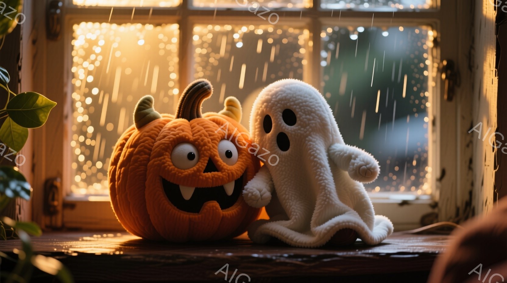 オレンジ色のテクスチャード加工されたジャック・オ・ランタンと、ふわふわの白い幽霊のぬいぐるみが寄り添っています。背景にはぼやけた光のストリングライトと雨の降る窓があり、温かく、居心地の良い、ハロウィー - AI生成フリー素材