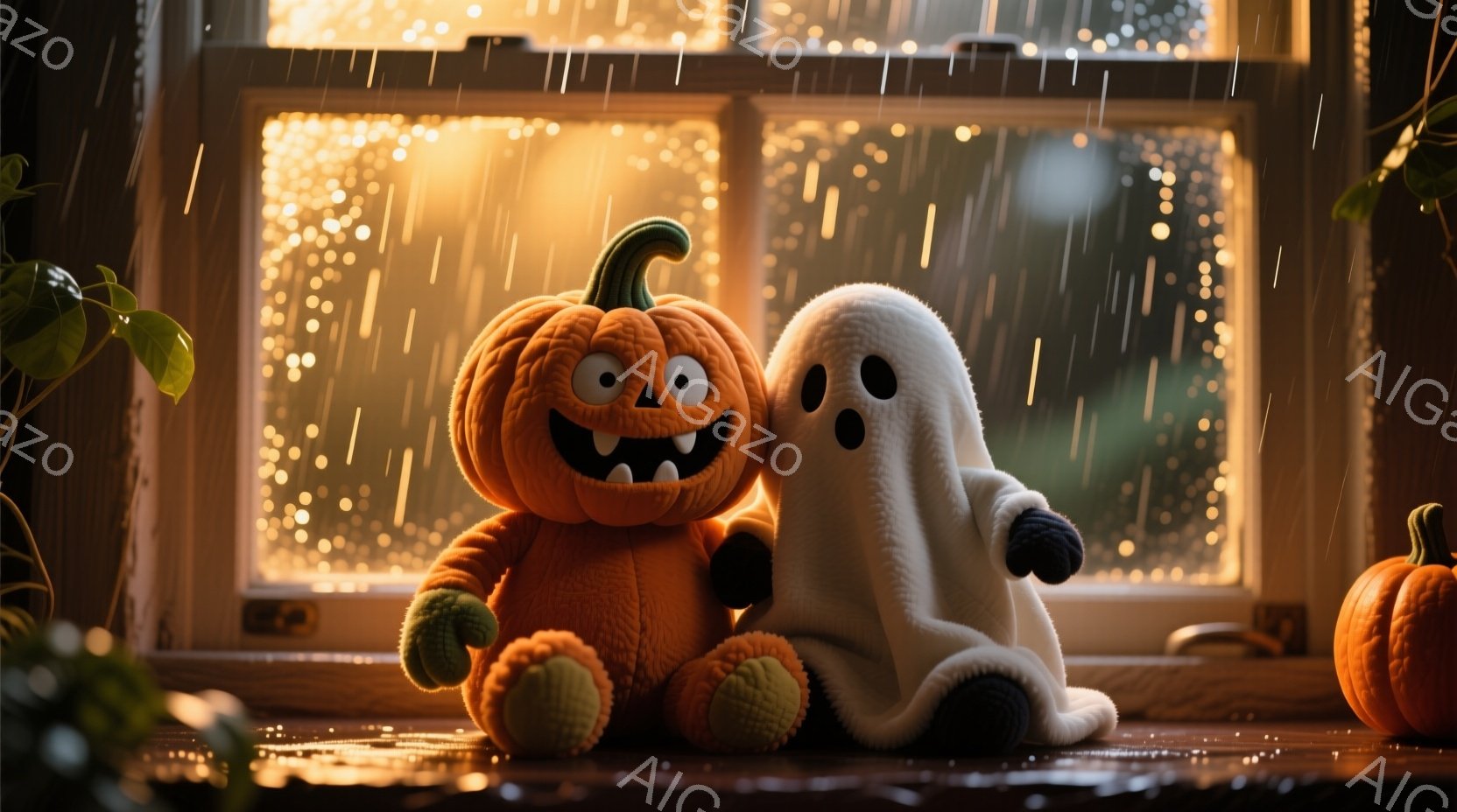 窓辺にカボチャのぬいぐるみと幽霊のぬいぐるみが座っています。カボチャは緑色のツルと大きな笑顔で、幽霊は可愛らしい表情で青い手袋をはめています。背景には雨が降り、ぼんやりと光る窓とオレンジ色のカボチャが - AI生成フリー素材