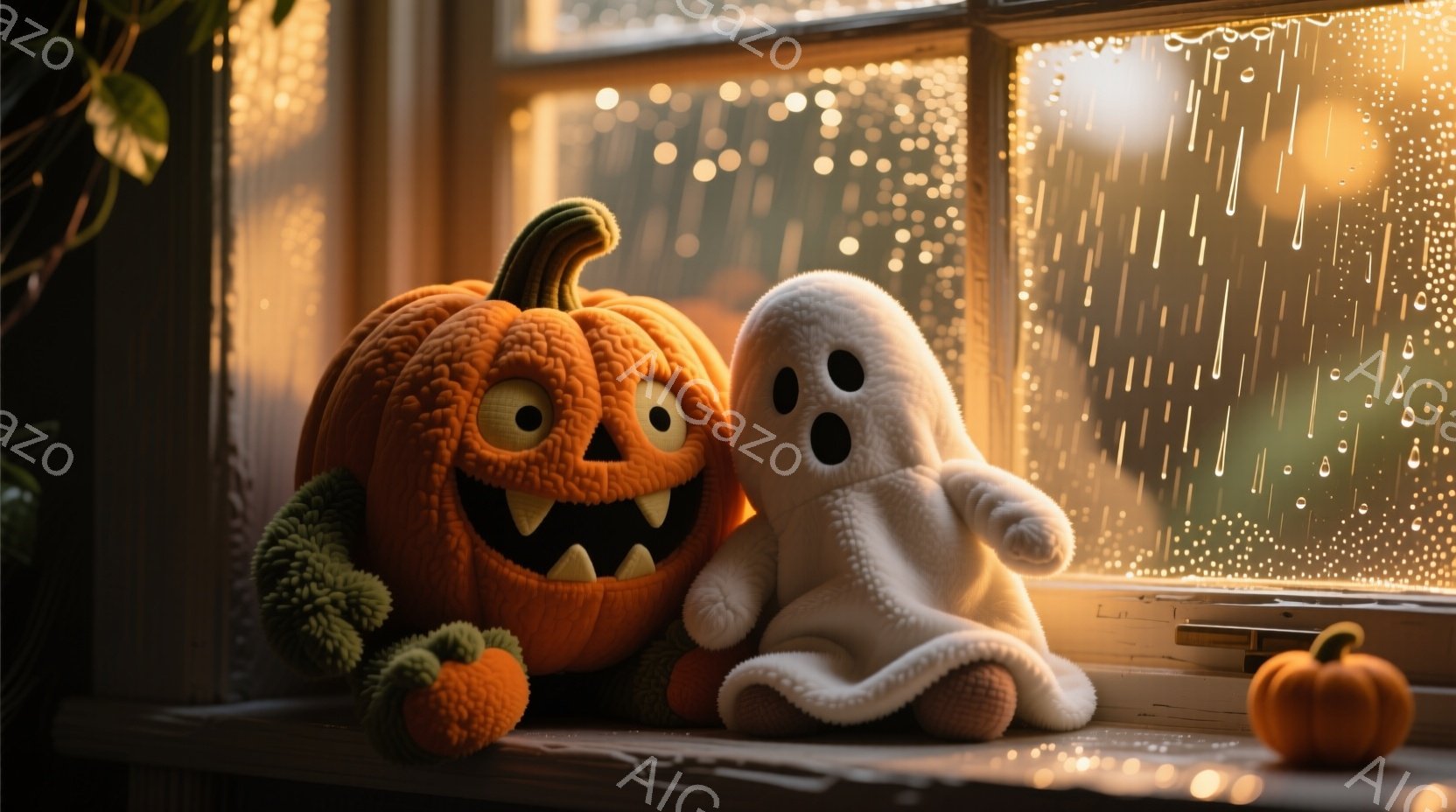 ふわふわの白いお化けと、編み物のようなオレンジ色のジャック・オ・ランタンが窓辺に並んでいます。外は雨が降り、窓ガラスには水滴がついており、全体的に温かく、心地よい雰囲気です。背景にはぼやけた植物と、雨の日の景色が見えます。