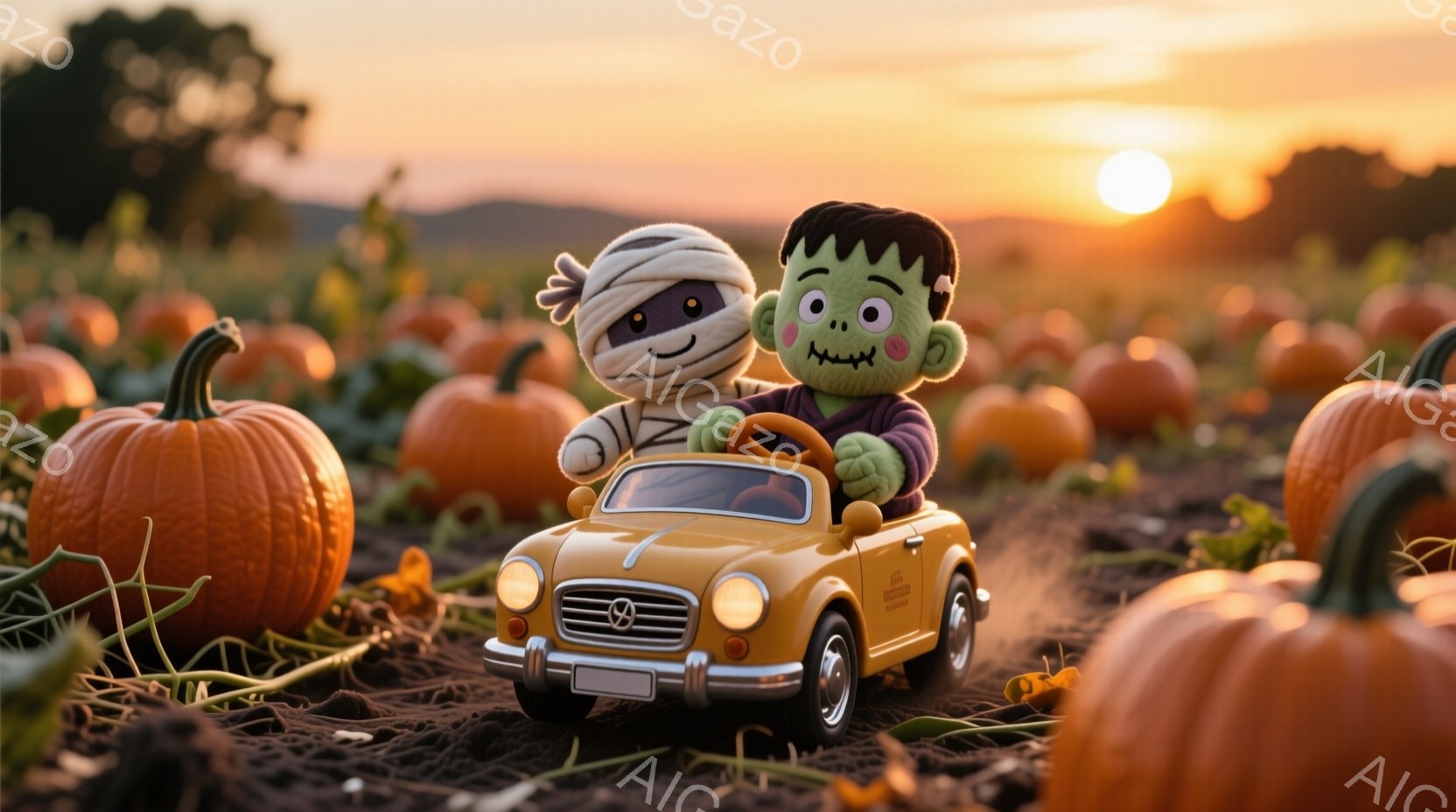 オレンジ色のカボチャ畑の中に、ミイラとフランケンシュタインの人形が黄色い車に乗っています。ミイラは運転席でハンドルを持ち、フランケンシュタインは助手席で笑顔を見せています。背景には夕焼けが広がり、暖かく幻想的な雰囲気が漂っています。